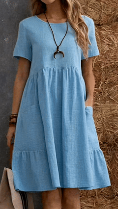 Women's Cotton-Linen Round Neck Ruffle Hem Dress - Nordfashionstorm - Women's Clothing, Fashion for You - Nordfashionstorm.com