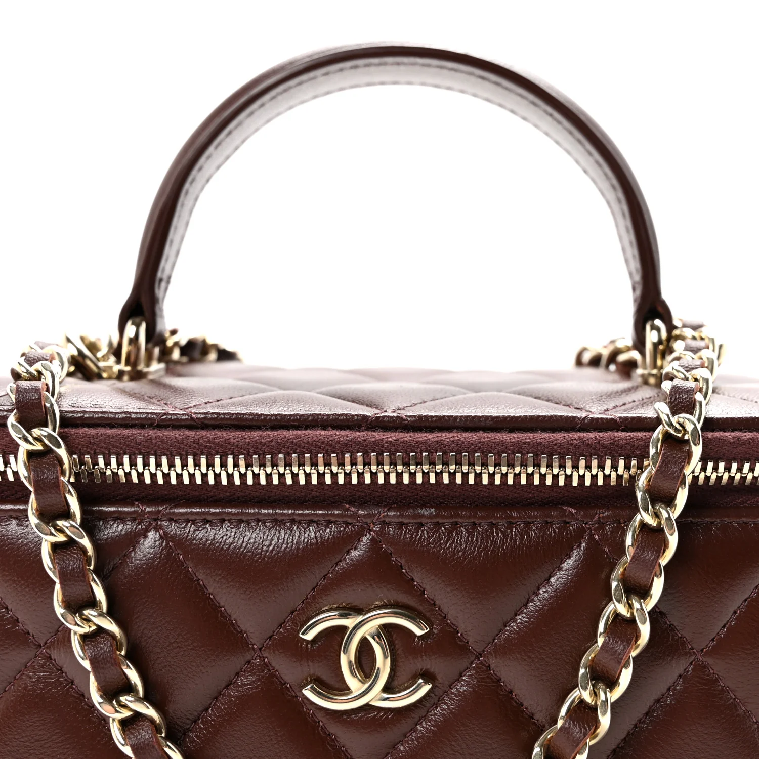 Lambskin Quilted Small Top Handle Vanity Case With Chain Dark Brown - Top Club