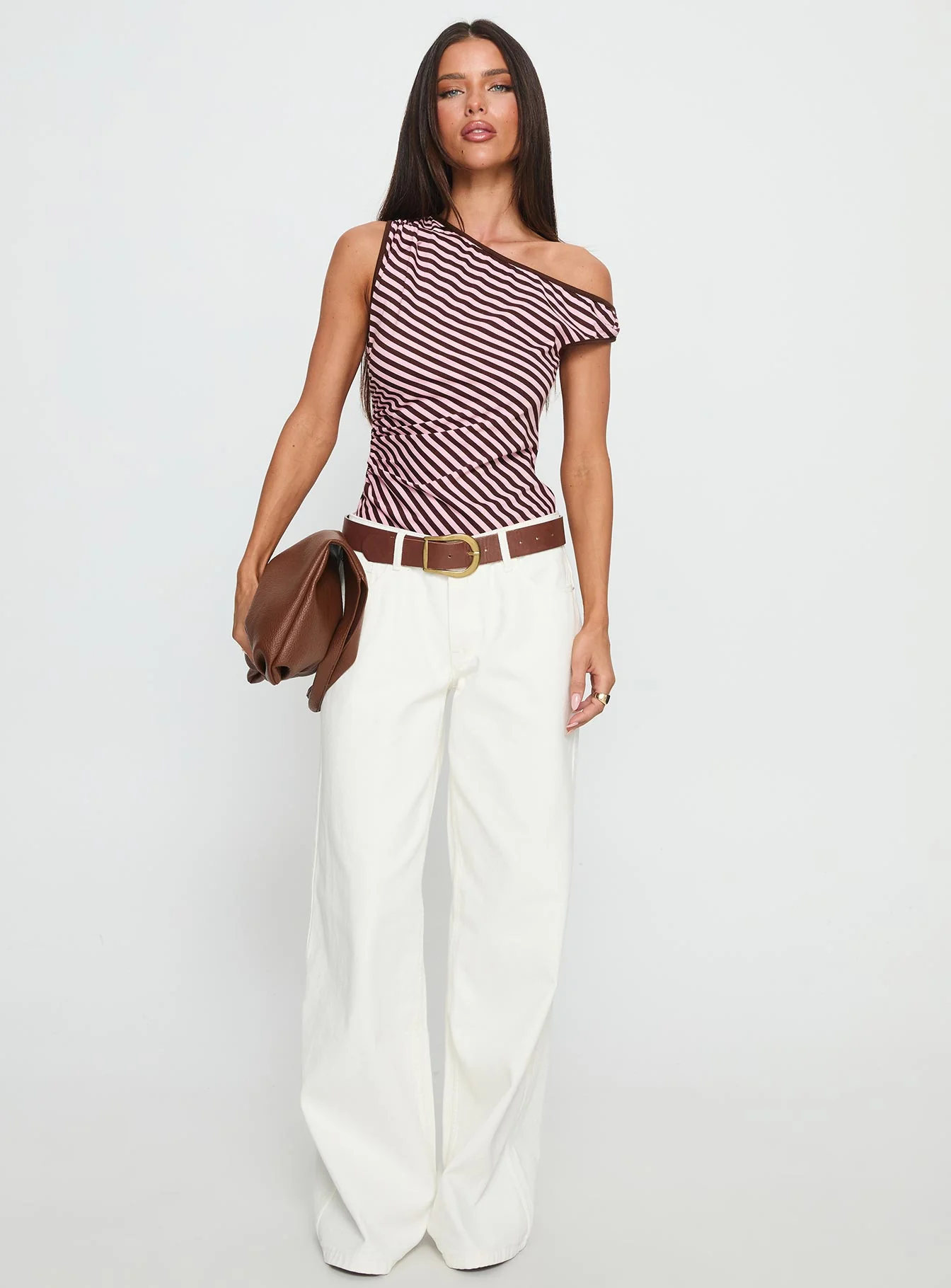 Ayviana One Shoulder Bodysuit Pink / Brown Stripe