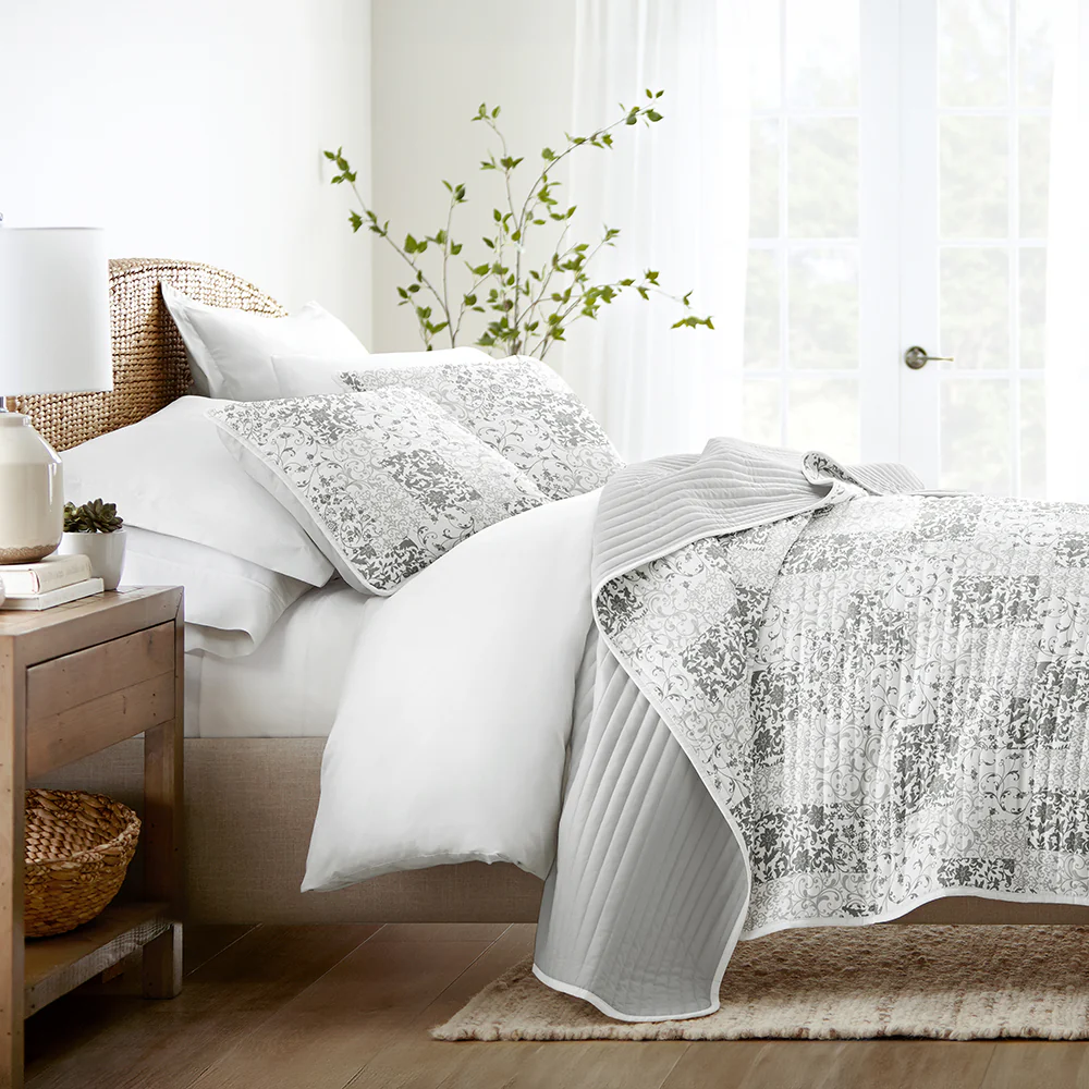 Scrolled Patchwork Reversible Quilted Coverlet Set - Sale