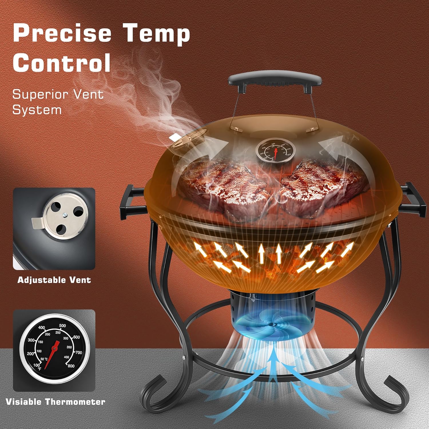 TOKTOO Barbecue Portatile a Carbonella con Ventilatore Regolabile, Coperchio, Griglia e Termometro �?Ideale per Campeggio, Terrazza e Giardino