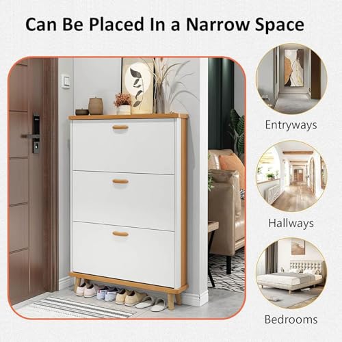 Slim Hidden Shoe Cabinet 3 Flip Drawers Shoe Storage Cabinet Wooden Tall Shoe Rack Closet Hallway Entryway Door Garage Closet
