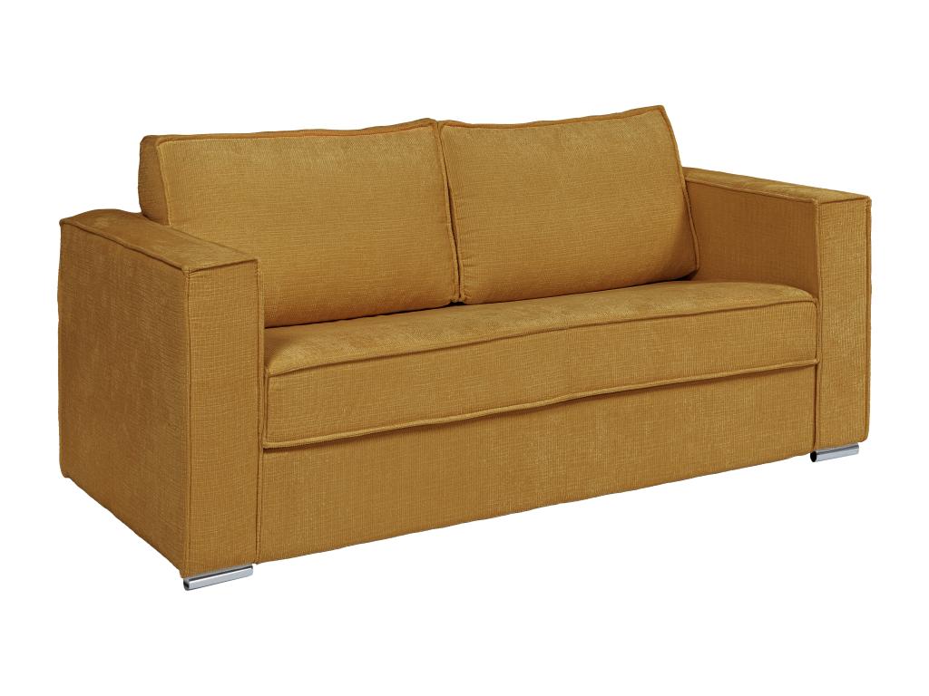 Sofá cama de 3 plazas de apertura rápida de tela texturizada amarillo mostaza - Somier de láminas anchas de 140 cm - Colchón de 14 cm LORETO