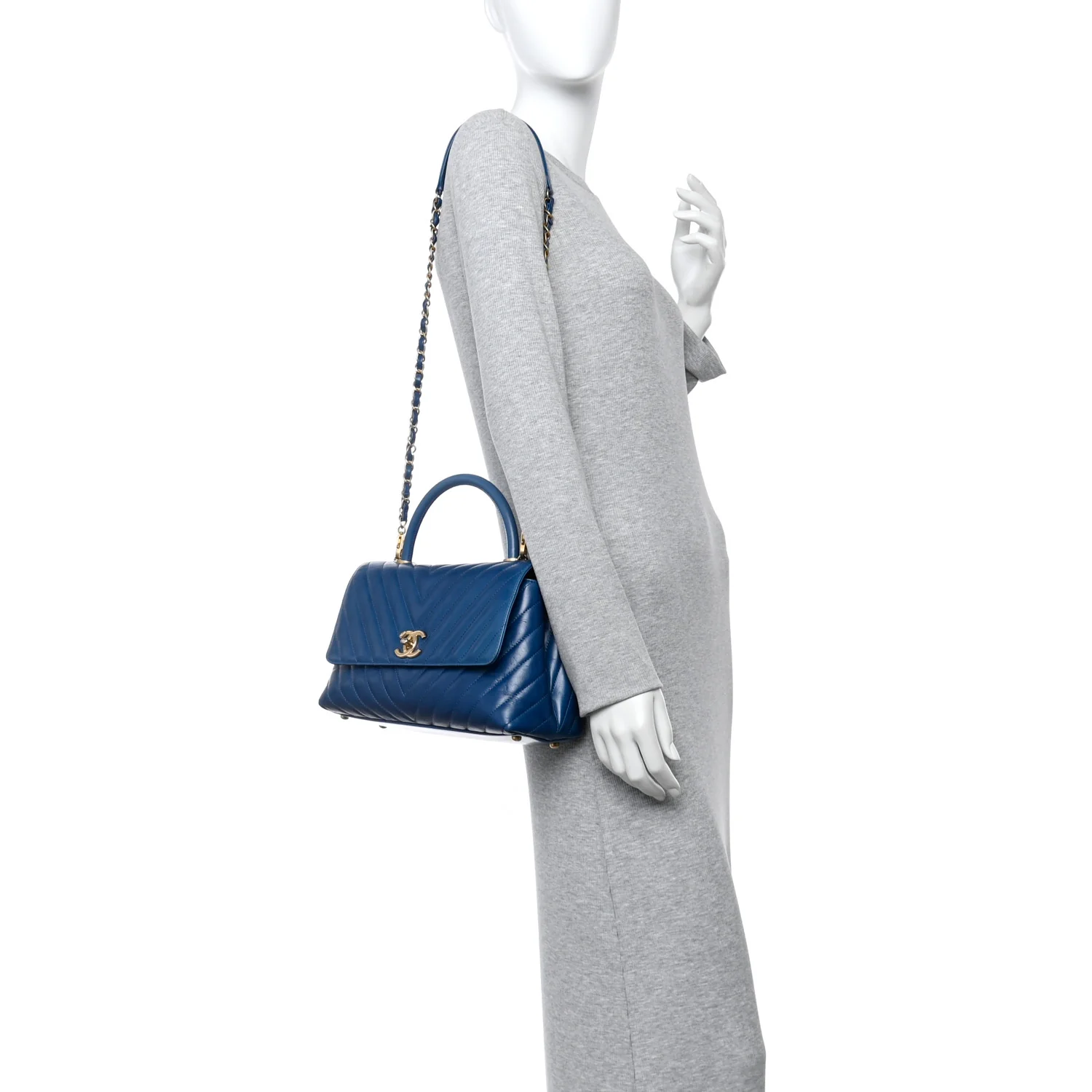 Aged Calfskin Chevron Quilted Small Coco Handle Flap Blue - Top Club