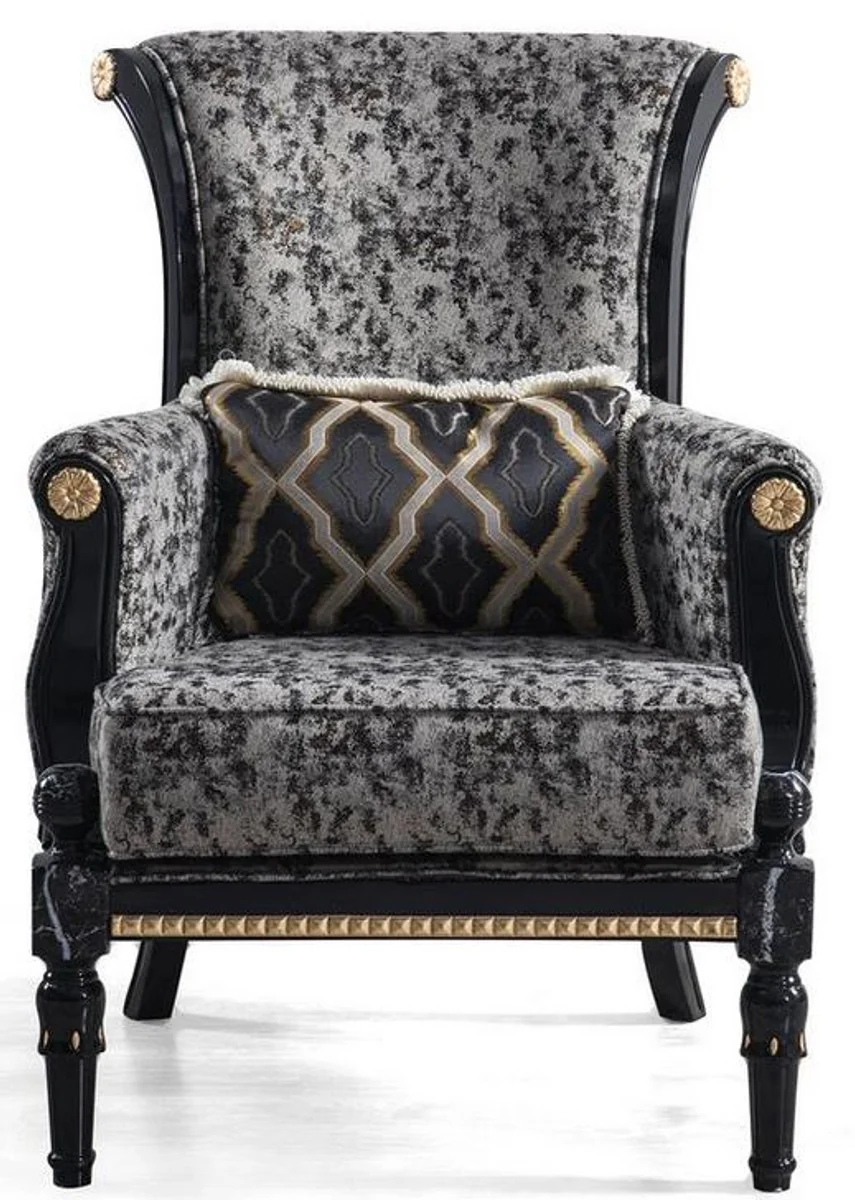 Luxury baroque living room set gray / black / gold - 2 sofas & 2 armchairs & 1 coffee table with glass top in marble look - living room furniture in baroque style - noble and magnificent