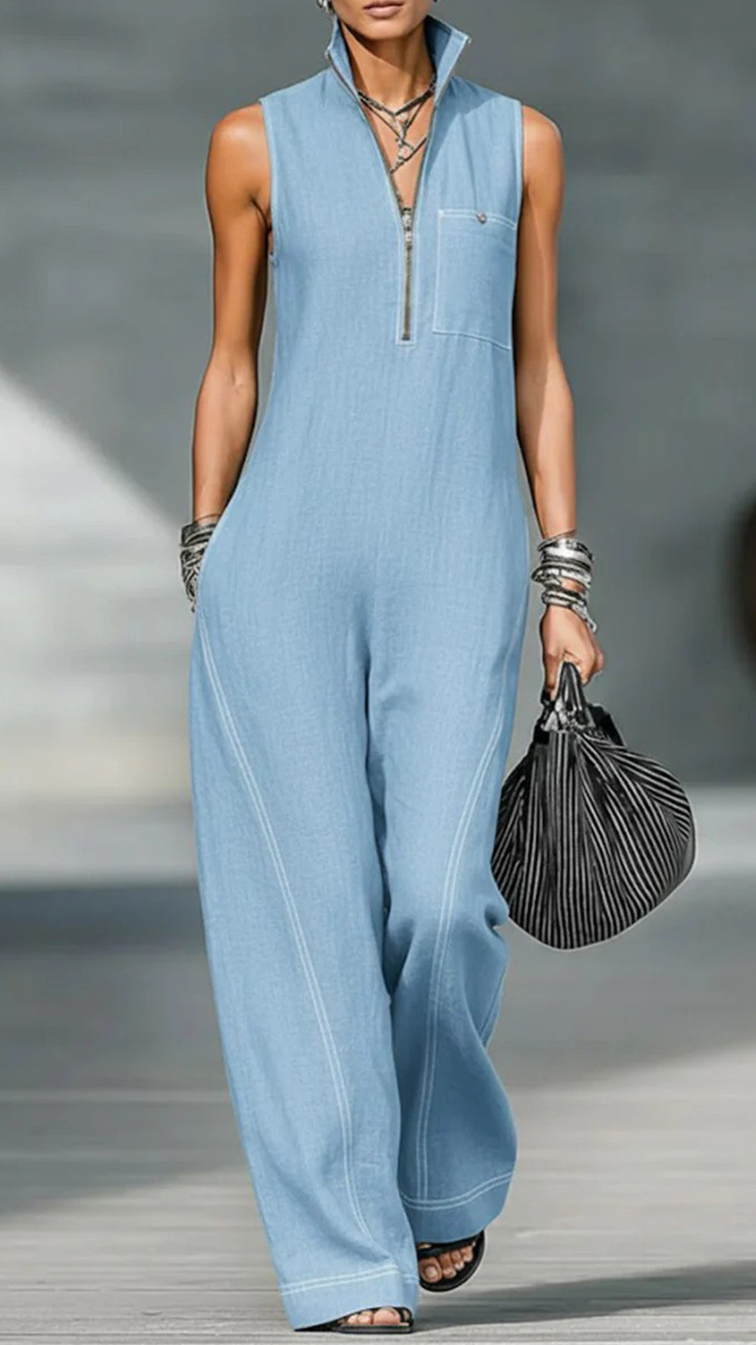 Women's Cotton-Blend Stitched Detail Sleeveless Wide-Leg Jumpsuit - Nordfashionstorm - Women's Clothing, Fashion for You - Nordfashionstorm.com