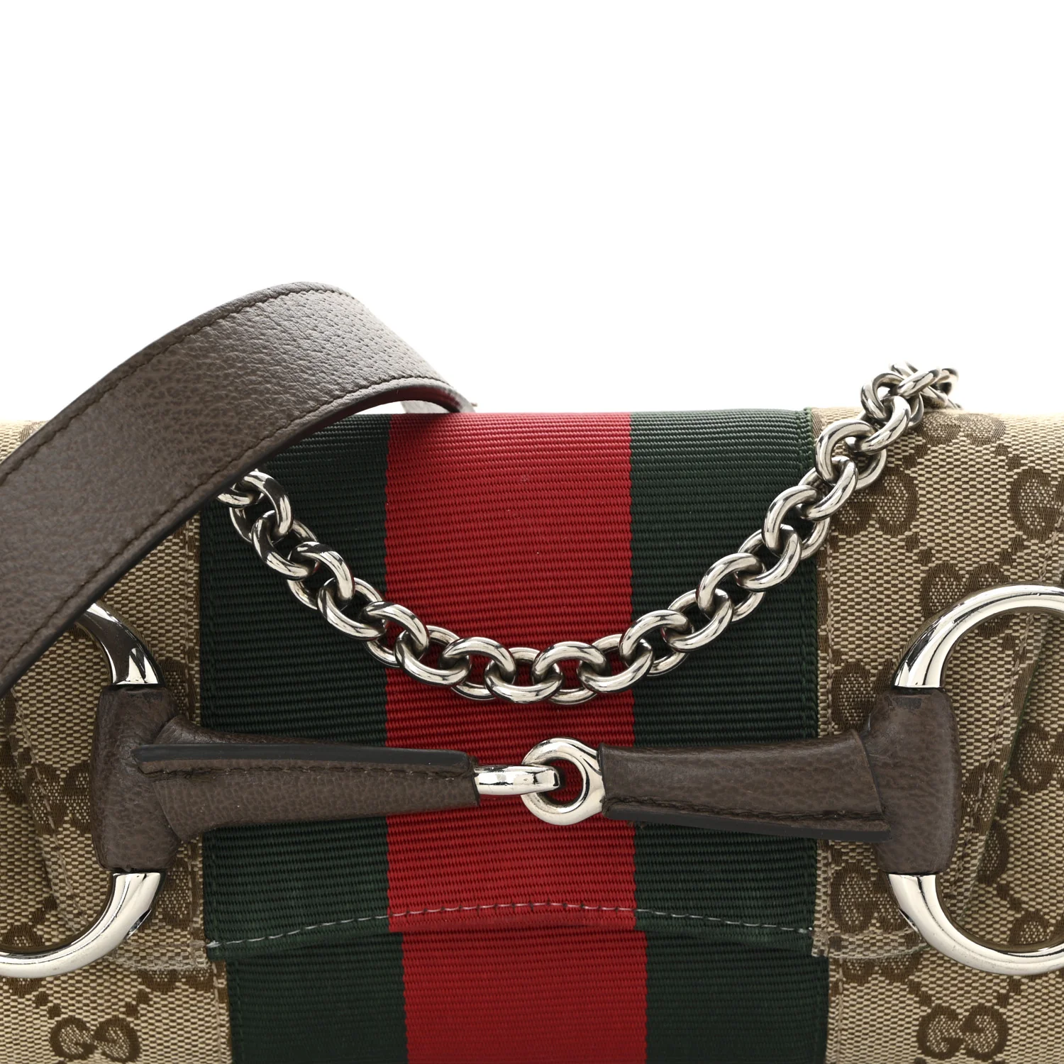Monogram Textured Dollar Calfskin Heavy Grosgrain Web Medium Maxi Horsebit Chain Shoulder Bag Beige Ebony New Acero - Top Club