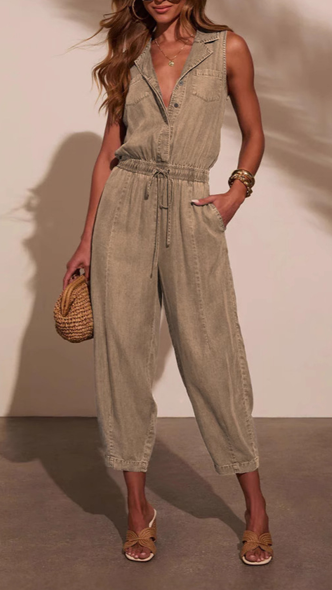 Women's Sleeveless Lapel Denim Waist‑Cinch Cropped Jumpsuit - Nordfashionstorm - Women's Clothing, Fashion for You - Nordfashionstorm.com