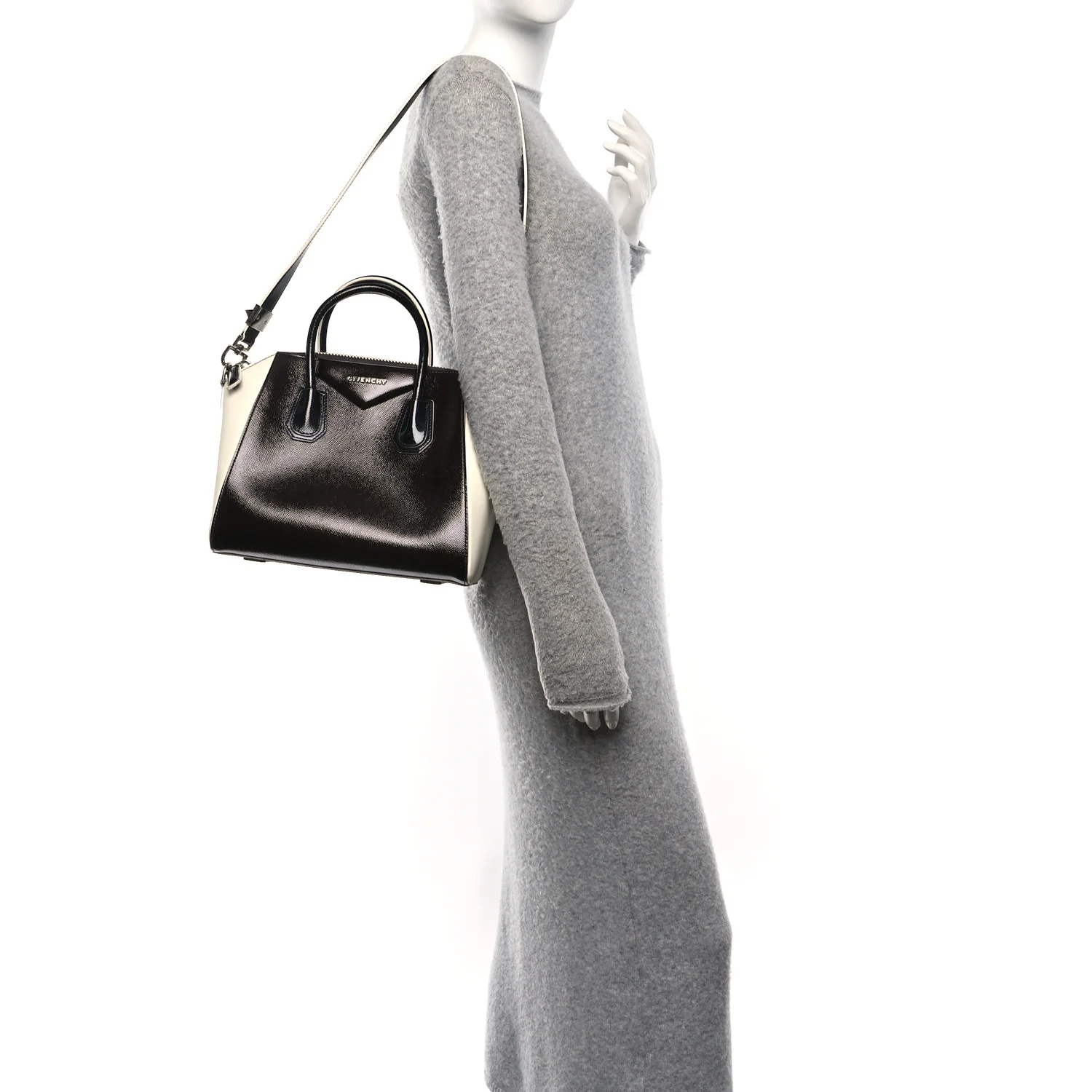 Textured Patent Calfskin Small Tri-Color Antigona Black White Brown