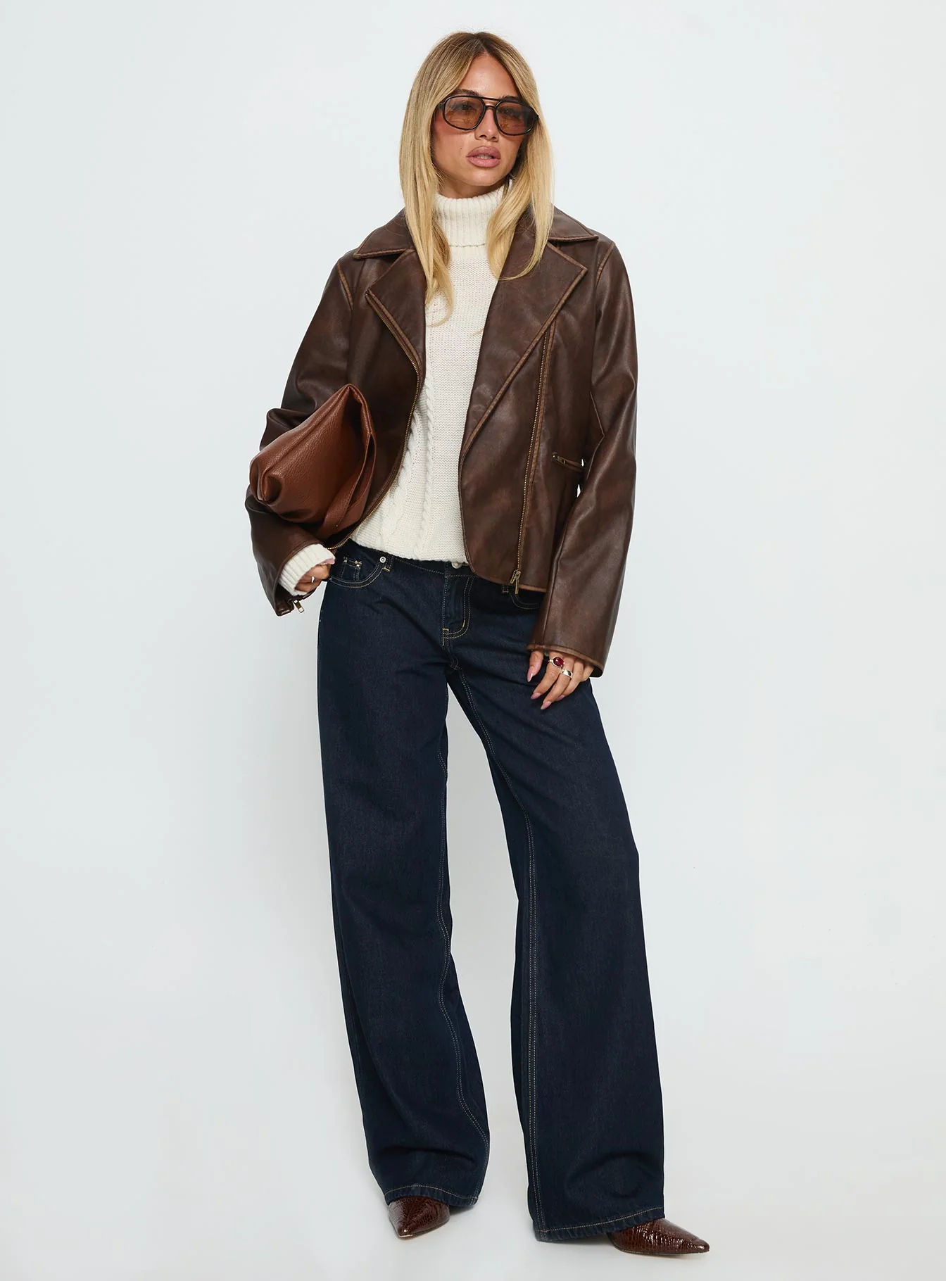 Vyolette Faux Leather Collared Jacket Washed Brown