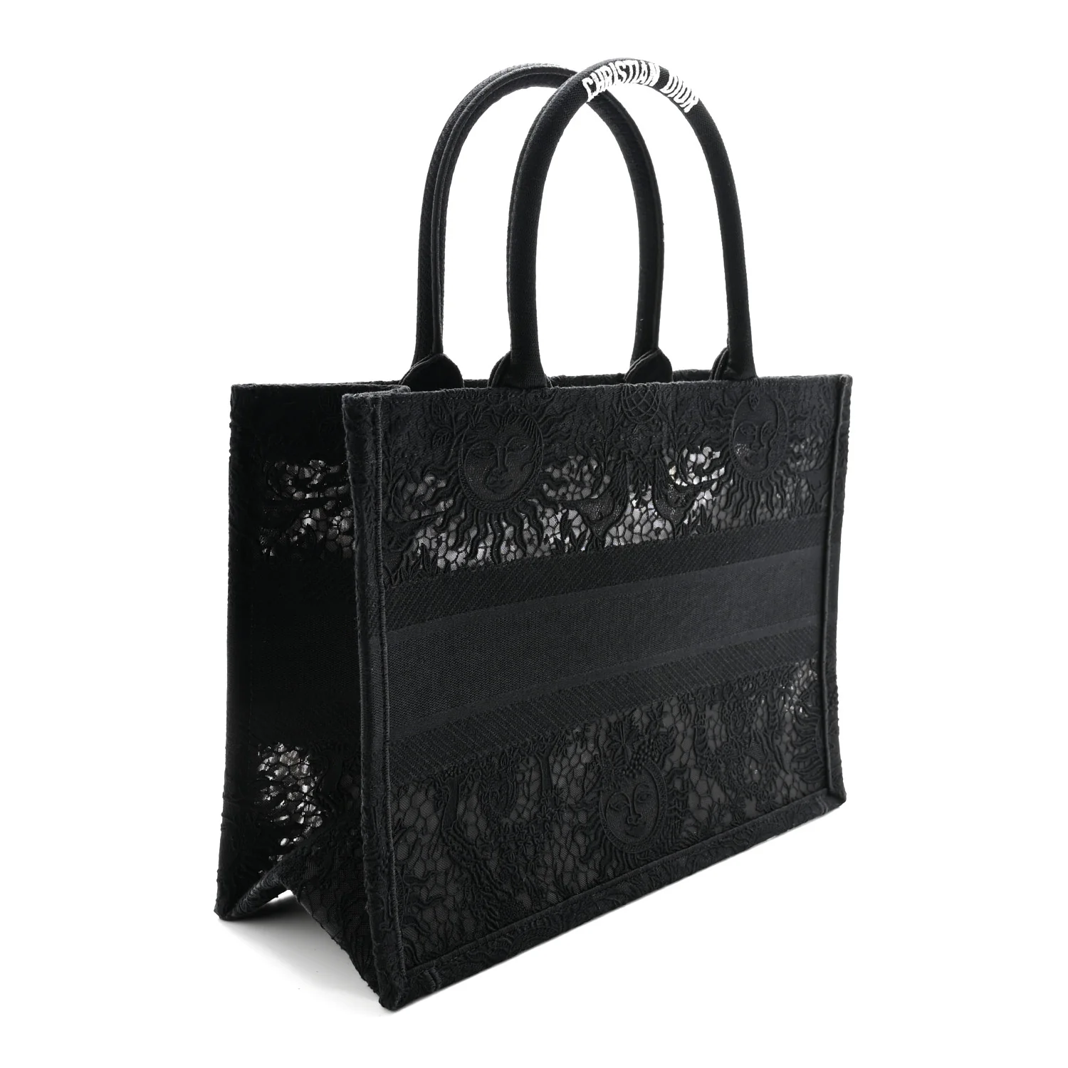 Embroidered 3D Macrame D-Lace Sun Medium Book Tote Black - Top Club