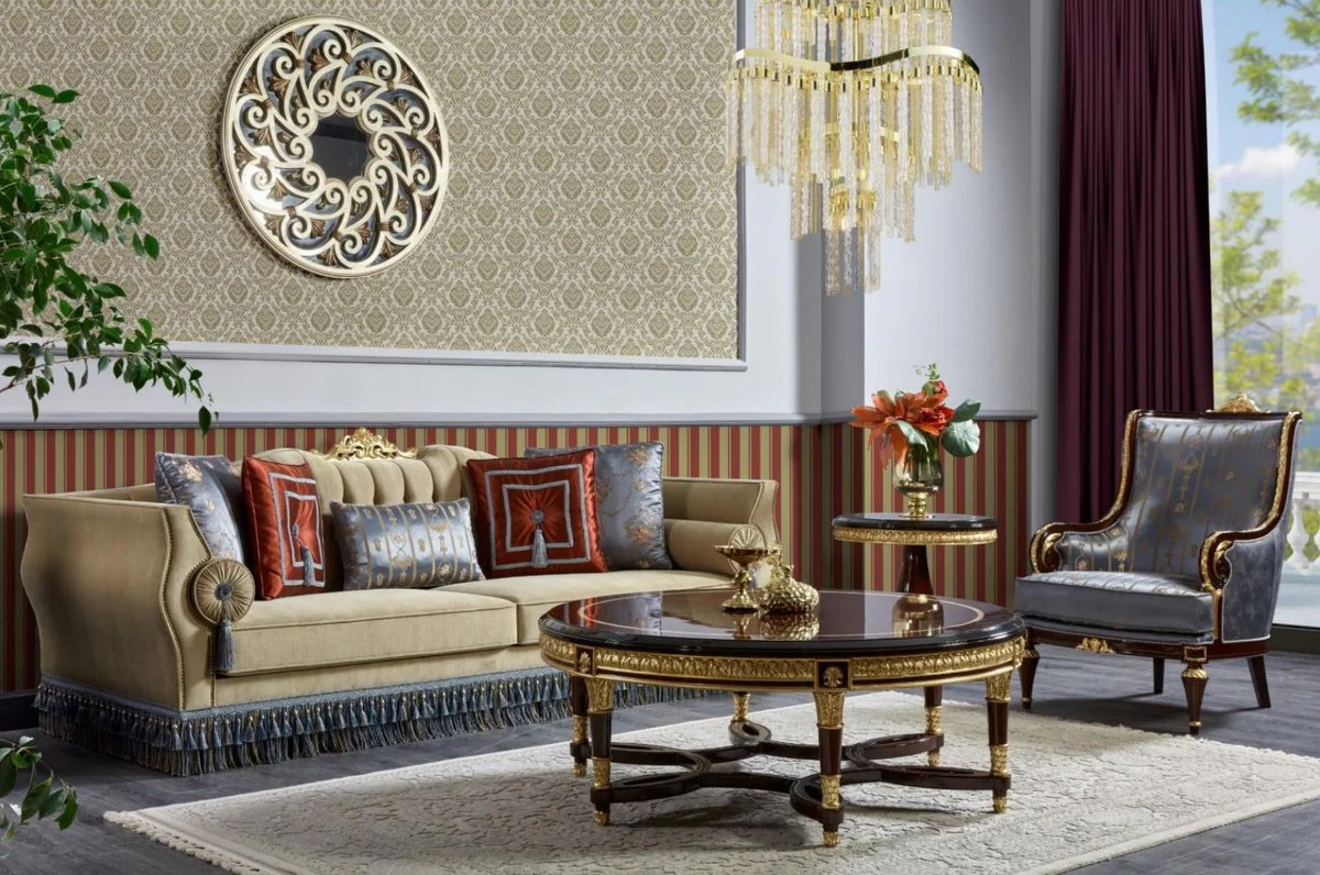 Luxury Baroque Living Room Set Beige / Blue / Dark Brown / Gold - 2 Sofas & 2 Armchairs & 1 Coffee Table & 2 Side Tables - Handmade Living Room Furniture in Baroque Style - Noble & Magnificent