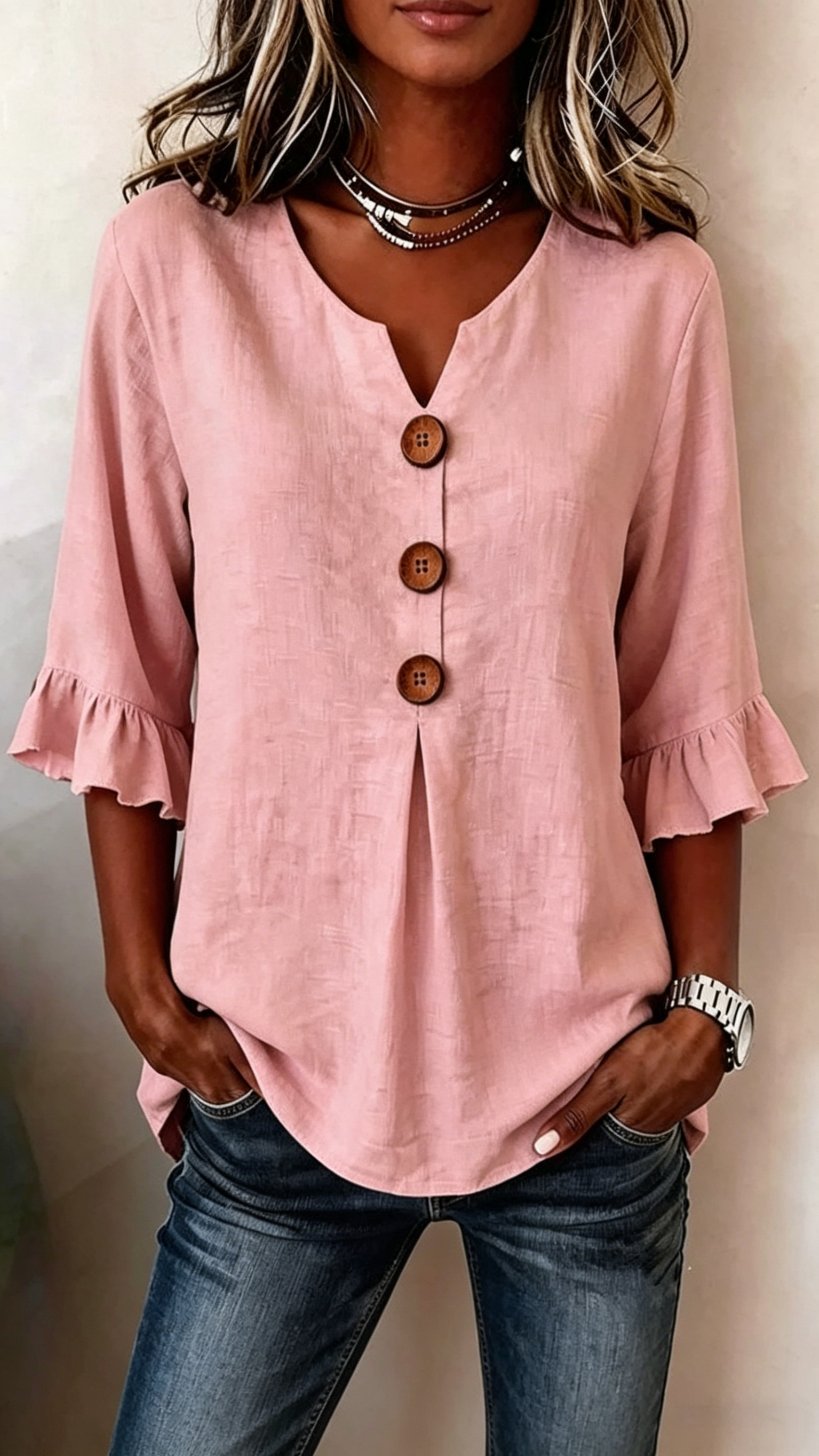 Women's V-Neck Cotton-Linen Button-Up Top - Nordfashionstorm - Women's Clothing, Fashion for You - Nordfashionstorm.com