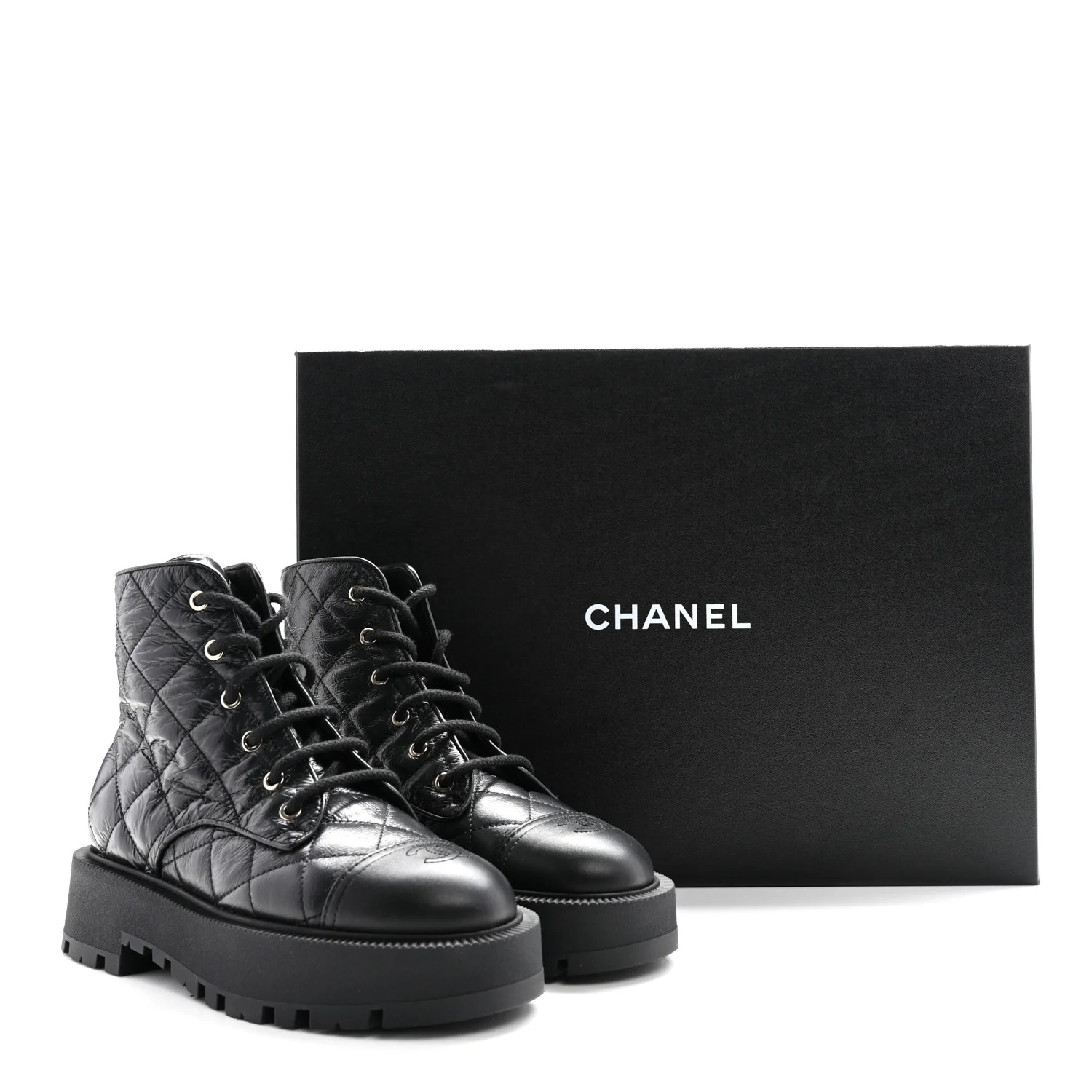 Crumpled Lambskin Quilted Platform Lace Up Combat Boots 39 Black - Top Club