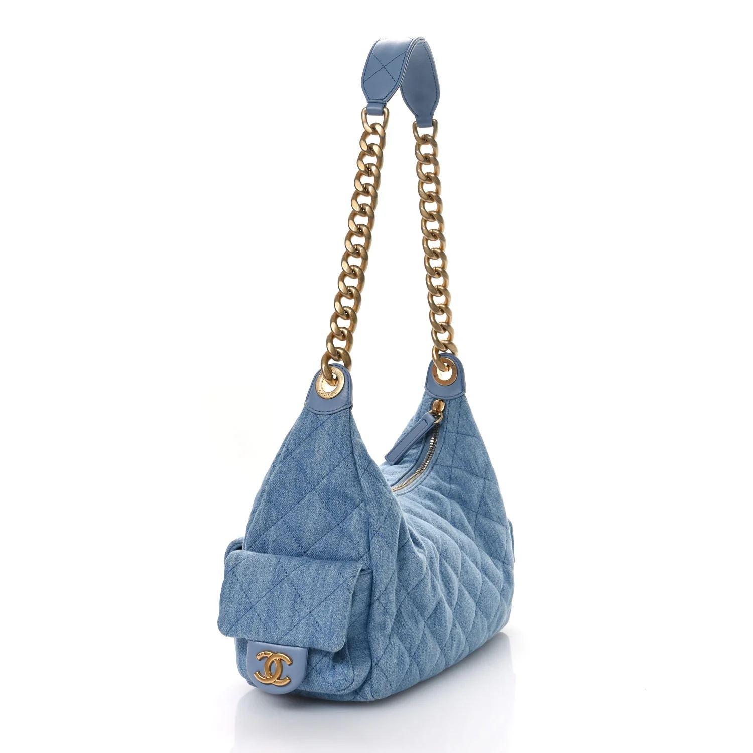 Washed Denim Quilted Cargo Large Hobo Light Blue - Top Club