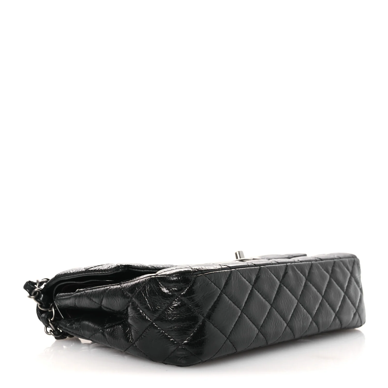 Distressed Patent Quilted Medium Double Flap Black - Top Club