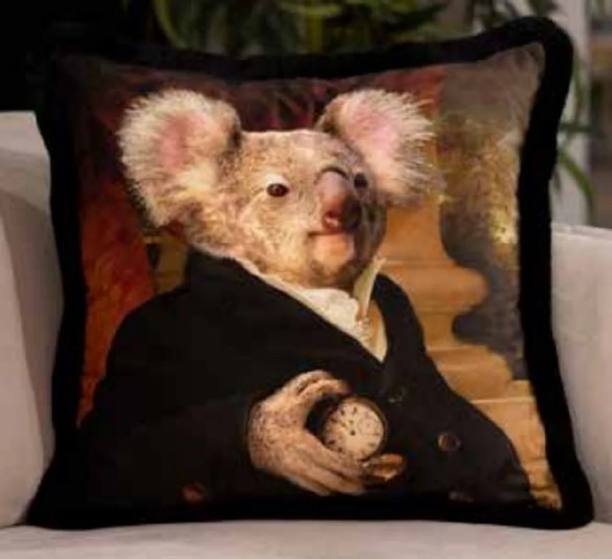 Luxury decorative cushion Sir Koala Bear multicolored / black 45 x 45 cm - printed velvet cushion with fringes - luxury quality