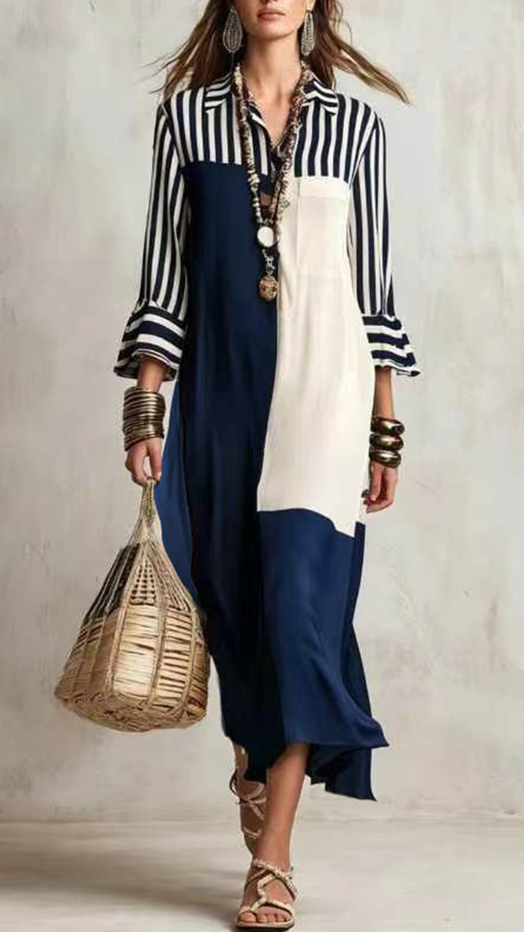Women's Navy & Off-white Striped Collared Color-block Long Sleeve Dress - Nordfashionstorm - Women's Clothing, Fashion for You - Nordfashionstorm.com