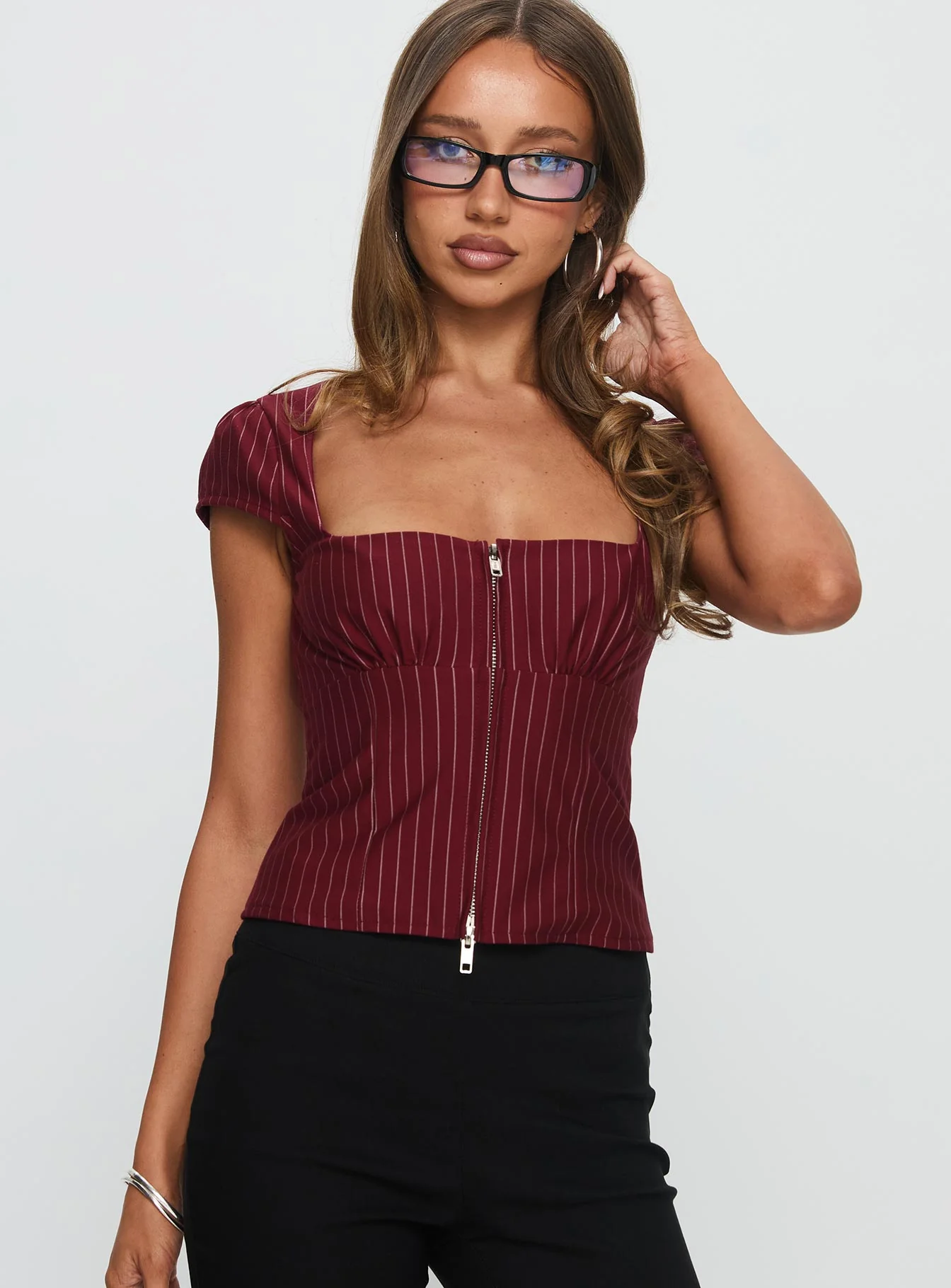 Santa Cruz Zip Through Top Burgundy Pinstripe