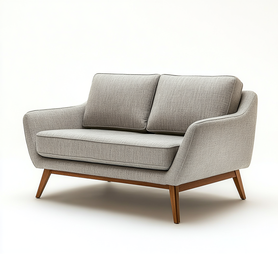 Sofá compacto retro gris claro con respaldo inclinado y base de madera