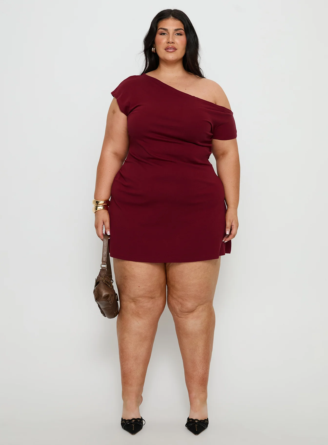 Prestige One Shoulder Mini Dress Burgundy Curve