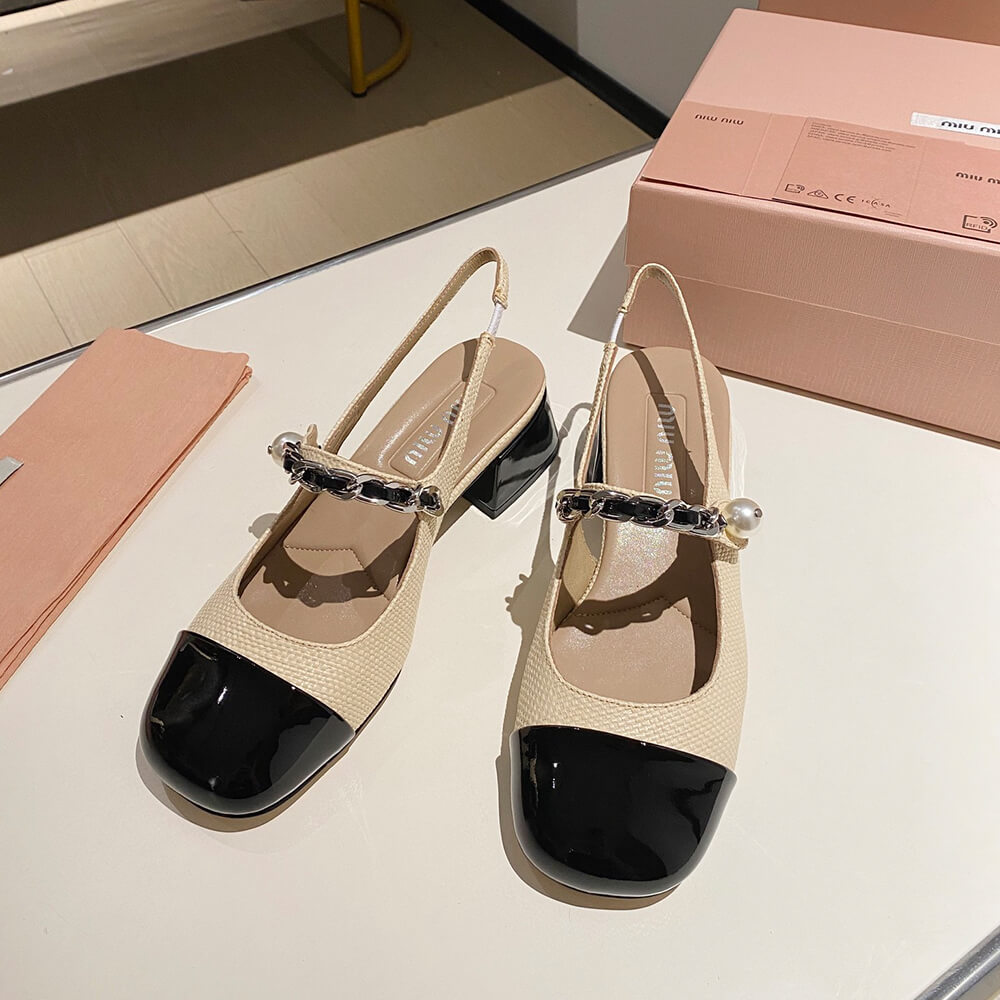 MIUMIU Patent leather and raffia slingback pumps - Top Club