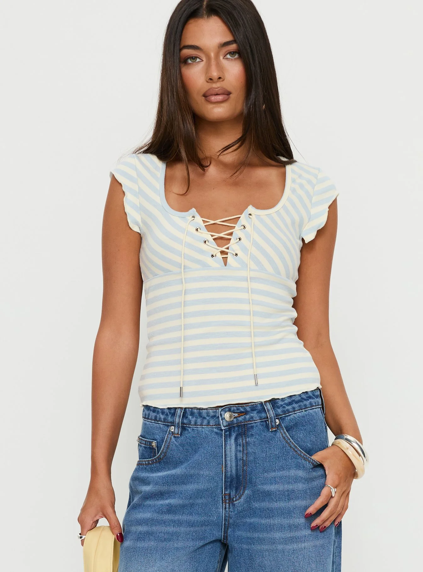 Jacenda Tie Up Short Sleeve Top Blue Stripe
