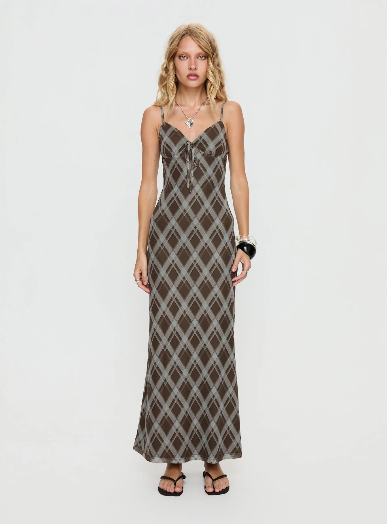 Idaline V Neck Maxi Dress Brown Check