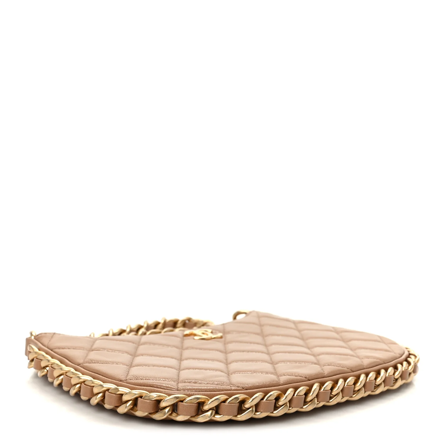 Shiny Crumpled Lambskin Quilted Trendy Chain Around Hobo Dark Beige - Top Club