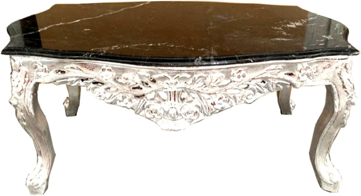 Baroque coffee table silver with black marble top - furniture living room table antique style