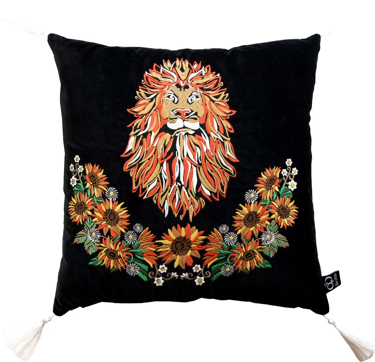 Luxury decorative cushion with tassels lion black / multicolored 45 x 45 cm - finest velvet fabric - luxury quality