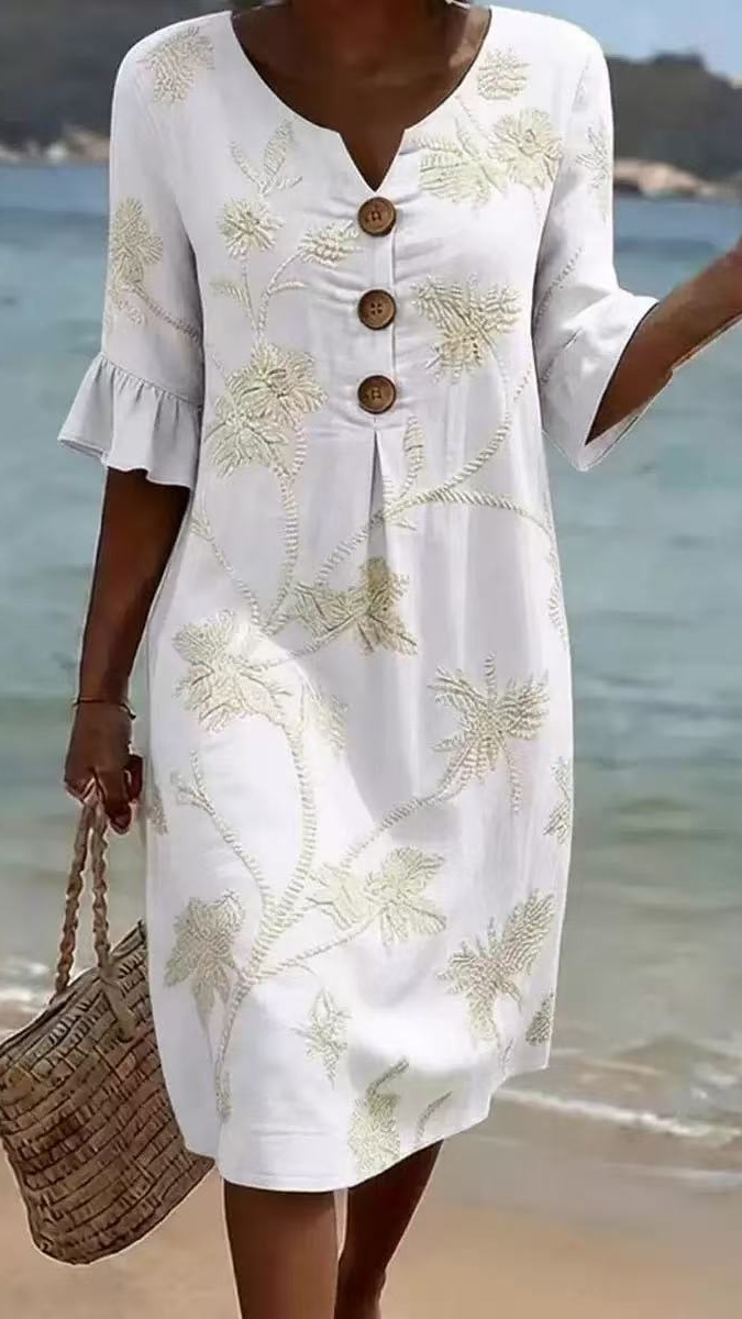 Women's Vacation-Style V-Neck Printed Loose-Fit Dress with Mid-Length Sleeves - Nordfashionstorm - Women's Clothing, Fashion for You - Nordfashionstorm.com