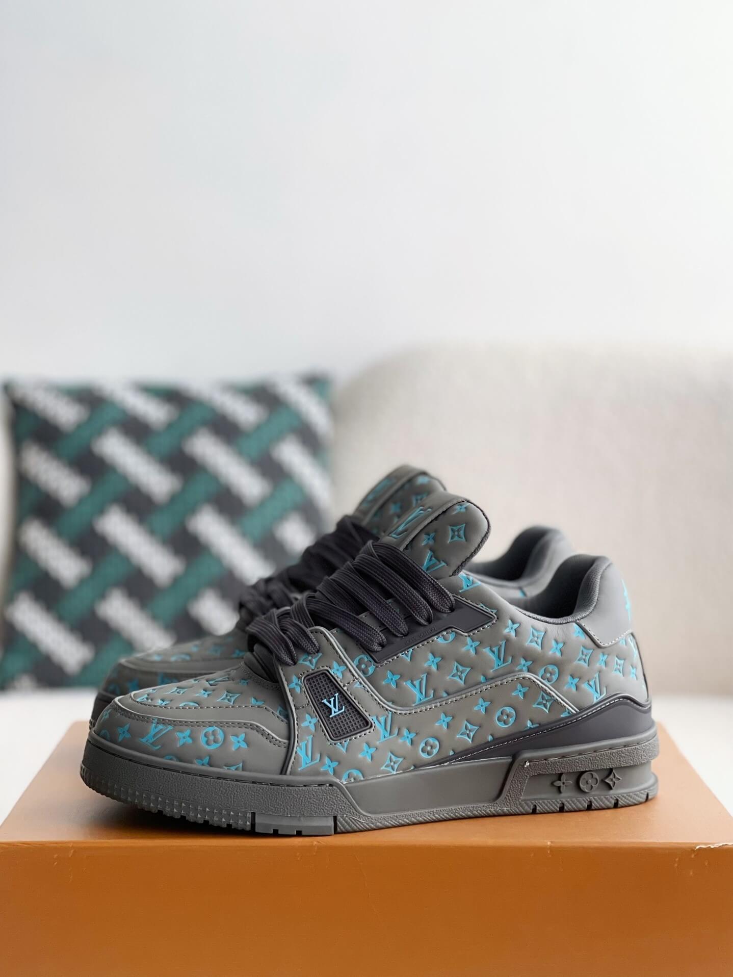 Louis Vuitton LV Trainer #54 Grey Blue Embroidered  Monogram Sneaker - Sneaker Replica Workshop