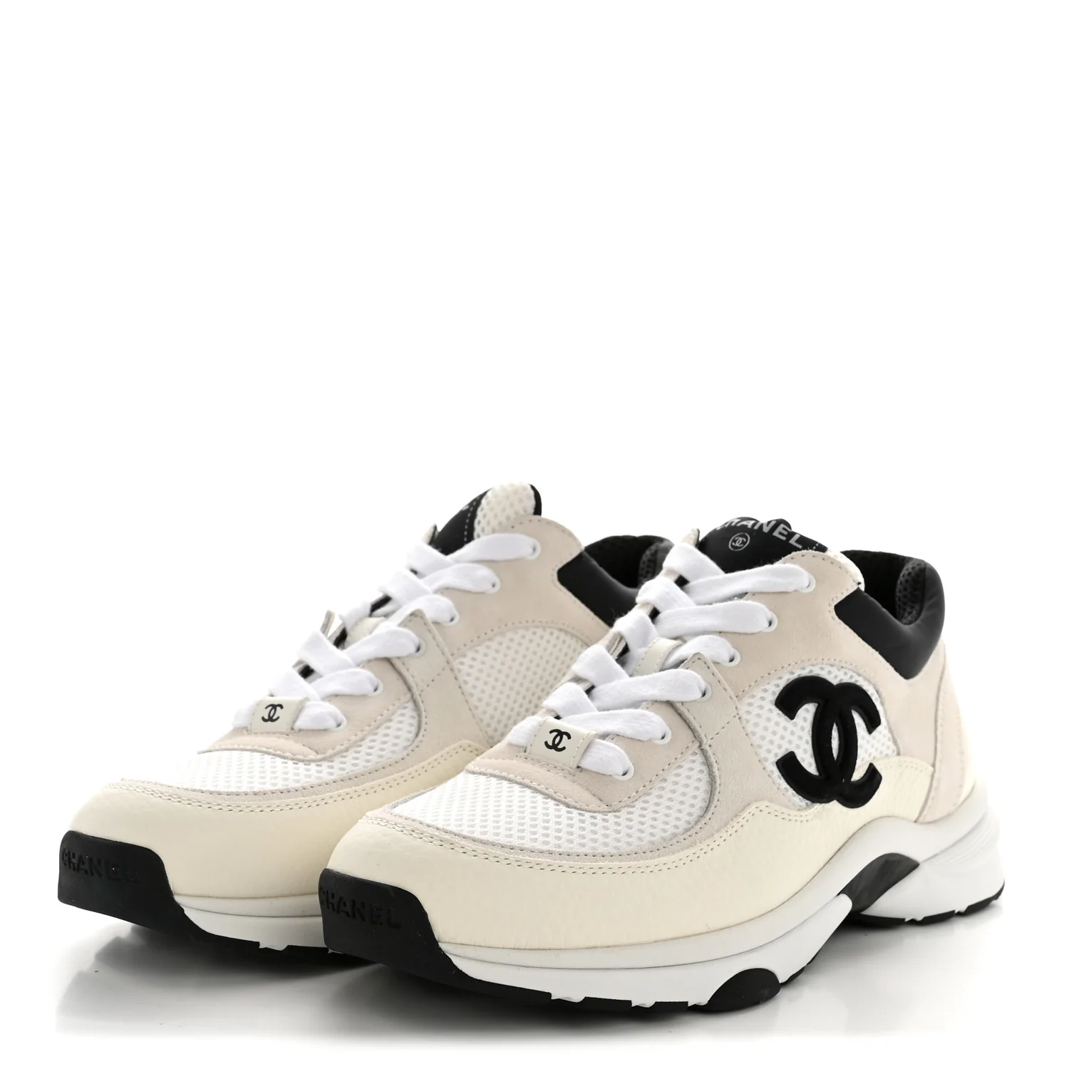 Mesh Suede Grained Calfskin Womens CC Sneakers 38.5 White Black - Top Club