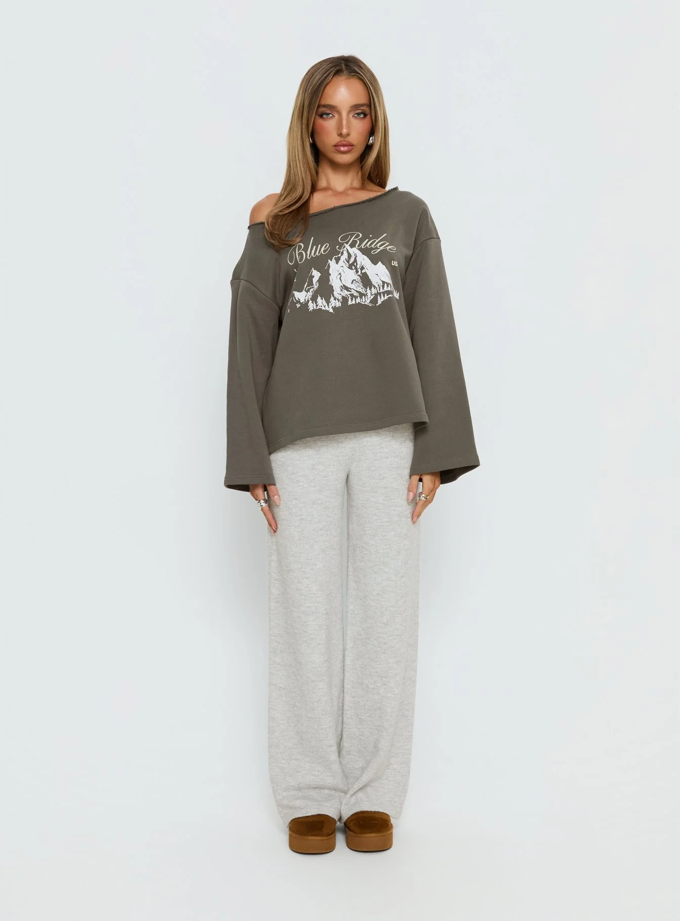 Blue Ridge Mountains Off Shoulder Graphic Sweater Grey