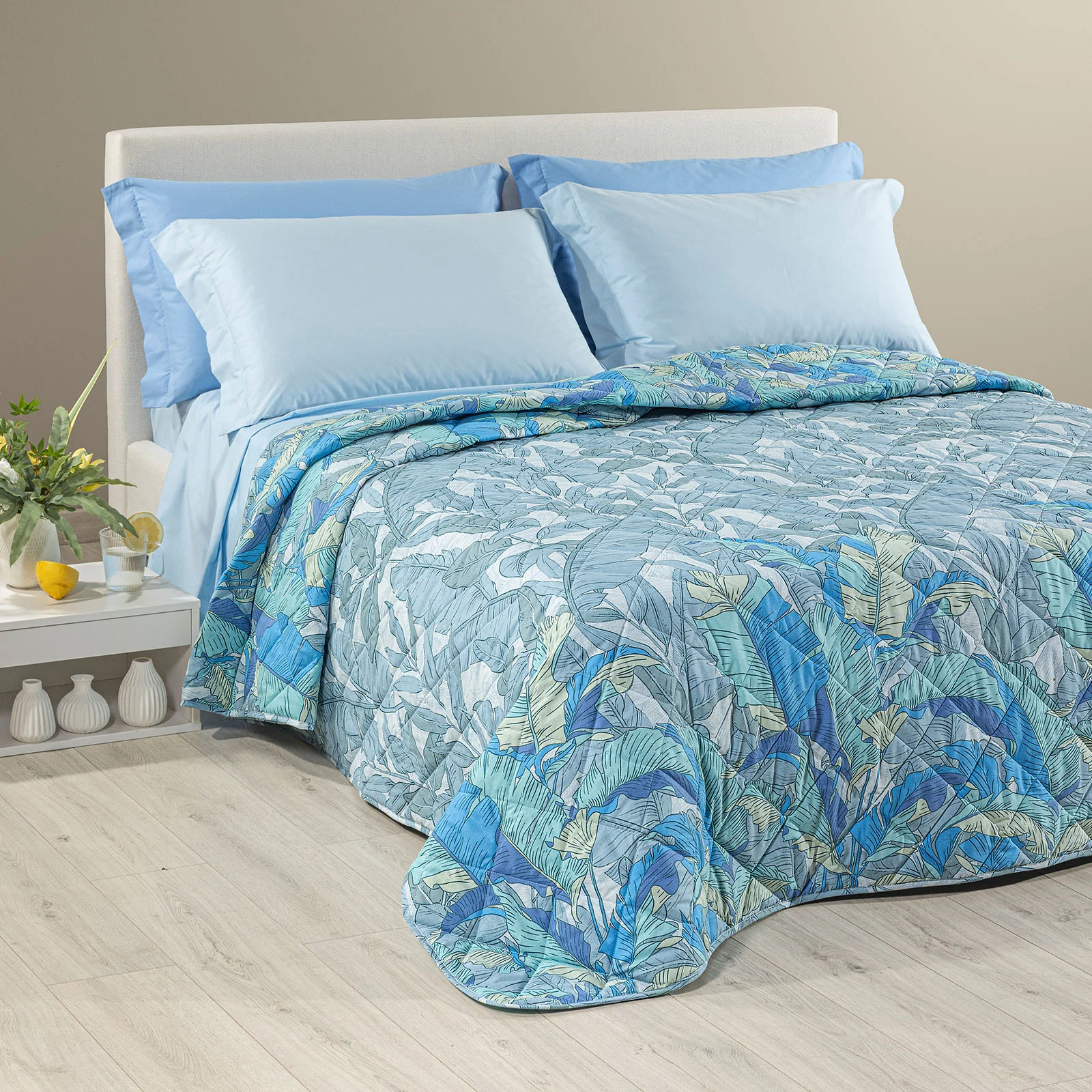 Copriletto Trapuntato In Cotone Forest Matrimoniale Blu Caleffi