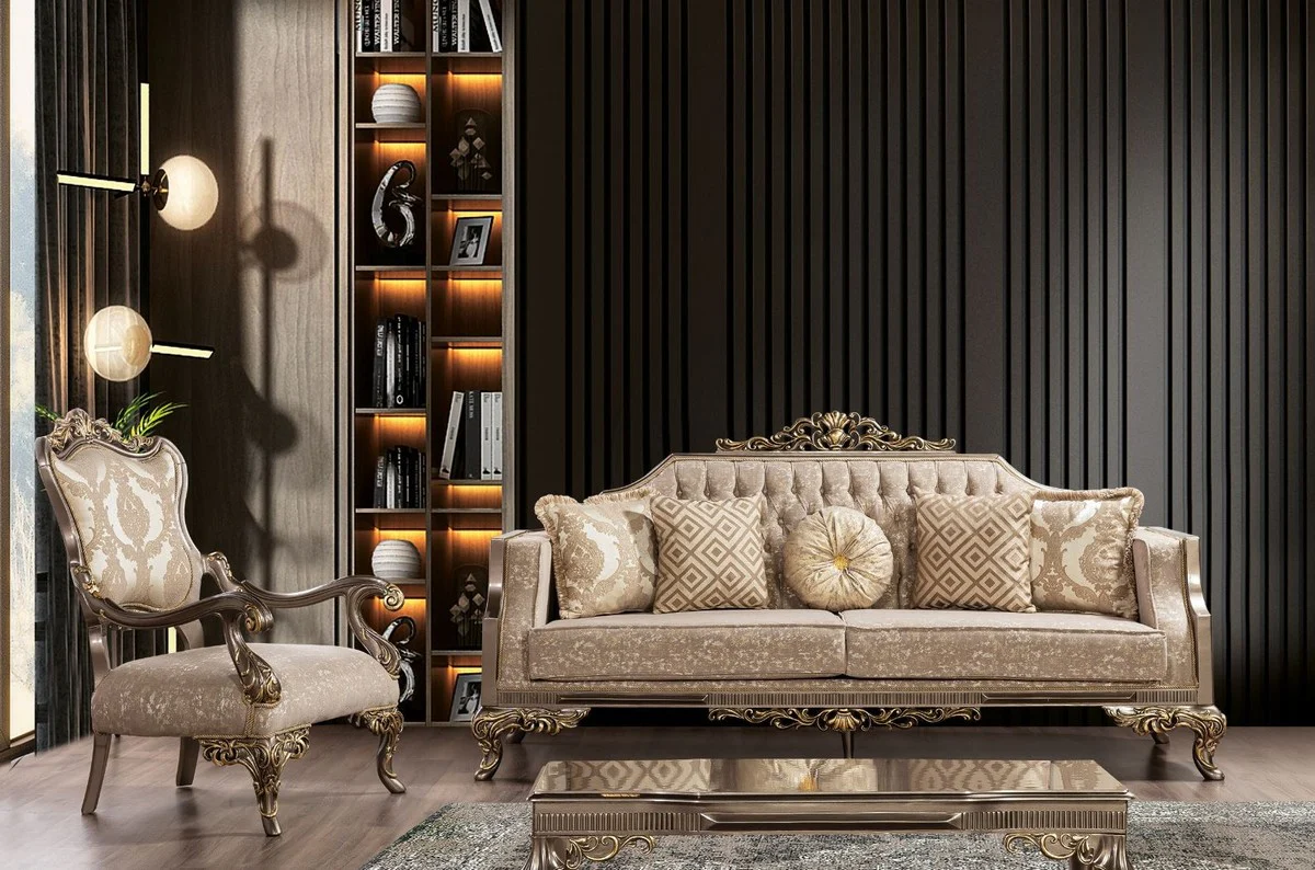 Luxury Baroque Sofa Gray / Beige / Silver / Gold - Magnificent Living Room Sofa with Pattern - Baroque Living Room Furniture - Noble & Magnificent