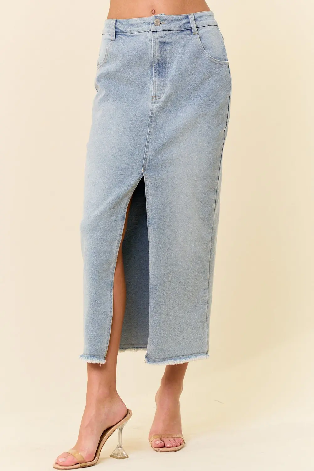 Midi Front Slit Denim Skirt - ALJEGJ