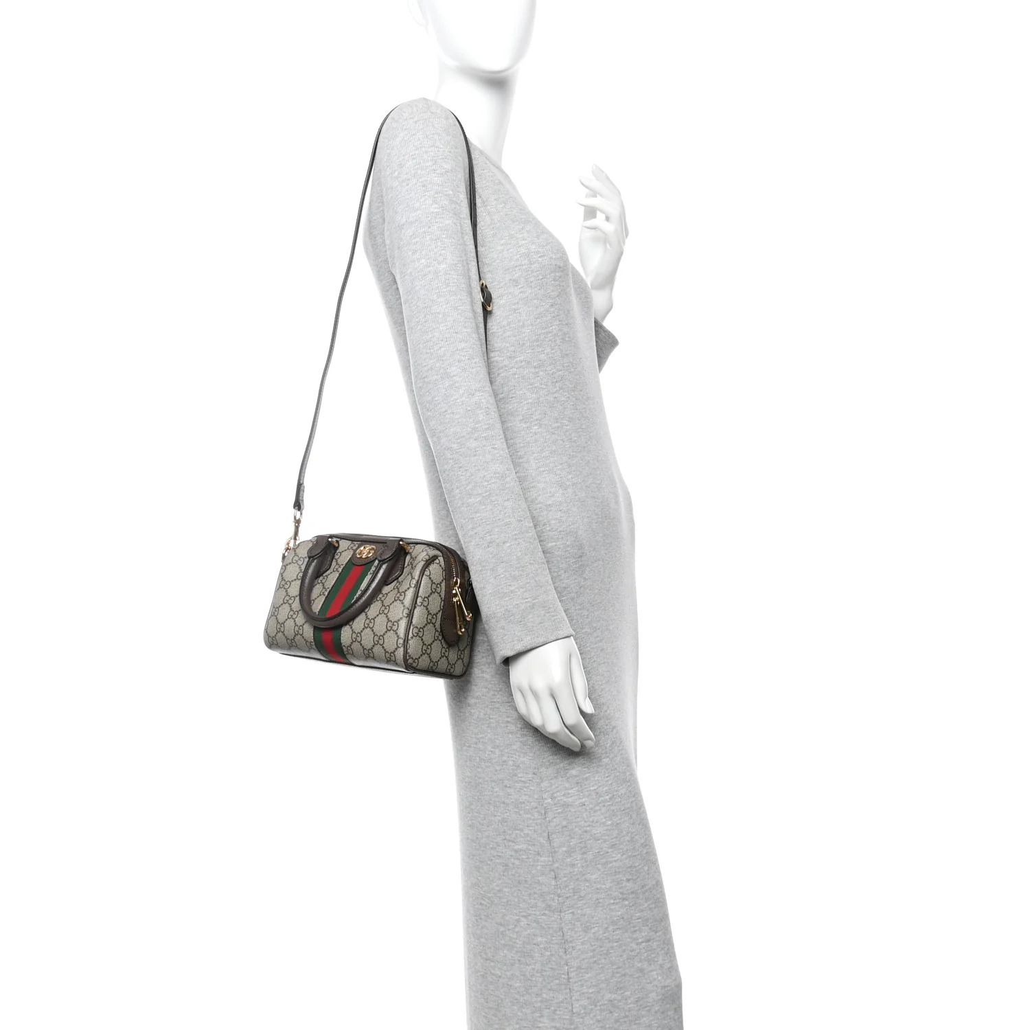 GG Supreme Monogram Textured Dollar Calfskin Web Mini Ophidia Top Handle Bag Beige Ebony New Acero
