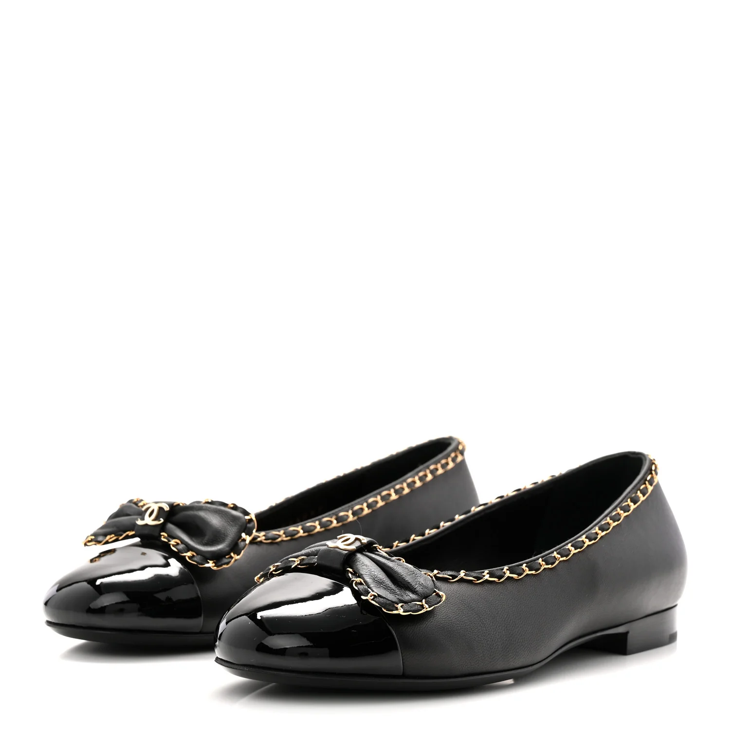 Lambskin Patent Cap Toe Chain Around Ballerina Flats 36 Black - Top Club