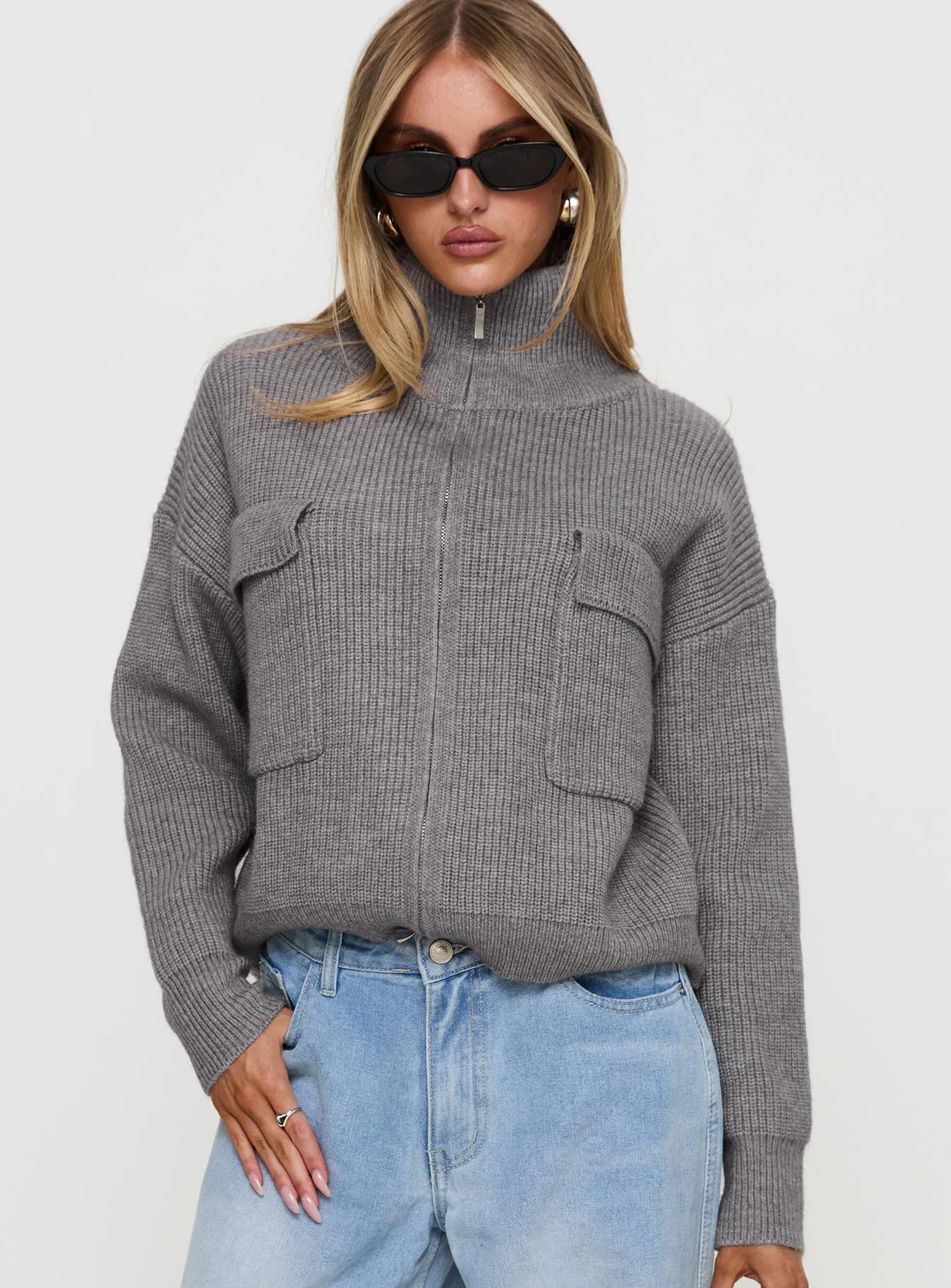 Too Busy Zip Up Sweater Grey