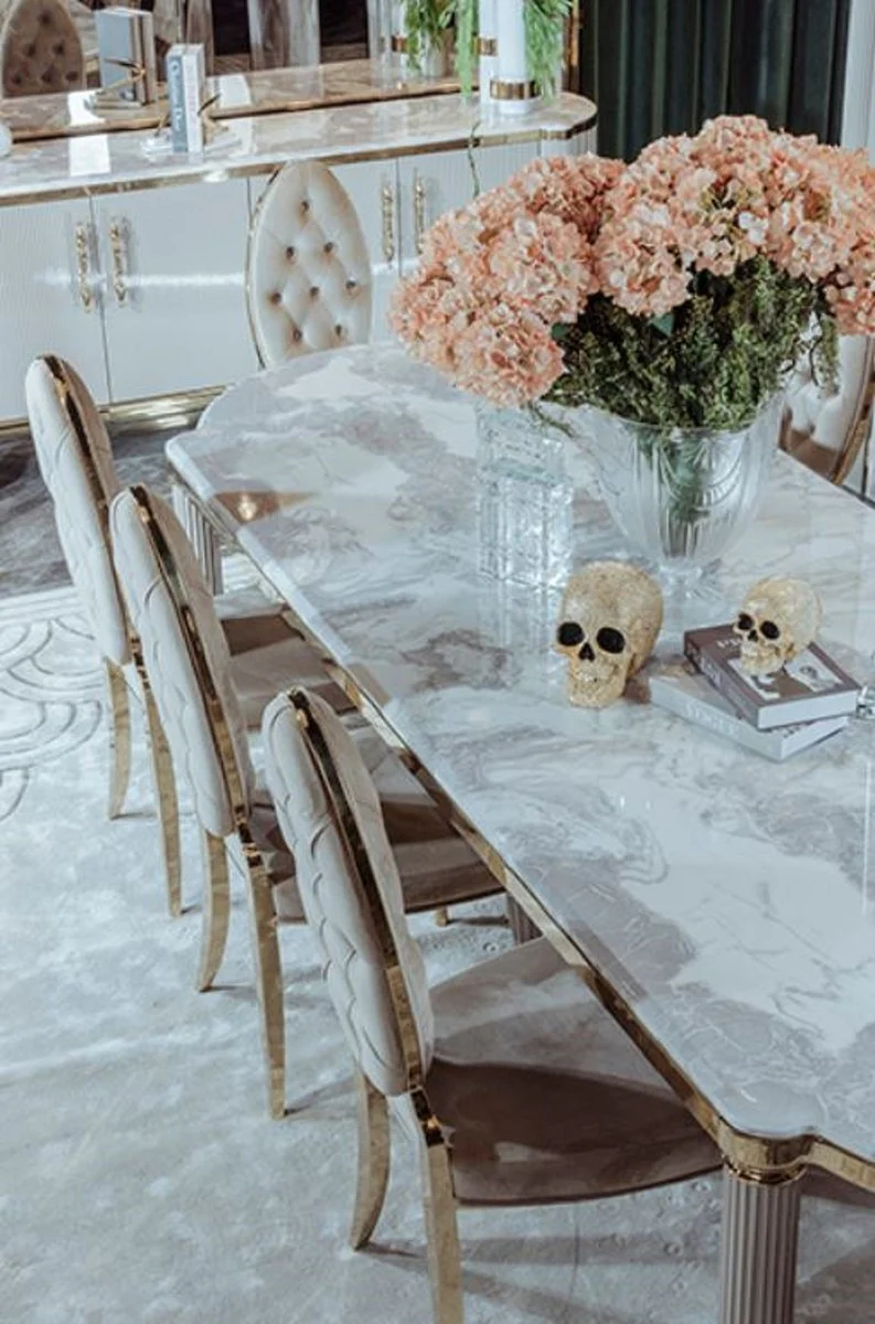Luxury Art Deco dining room set gray / white / gold - 1 Art Deco dining table with artificial marble table top & 8 Art Deco dining room chairs - Magnificent Art Deco dining room furniture - luxury quality