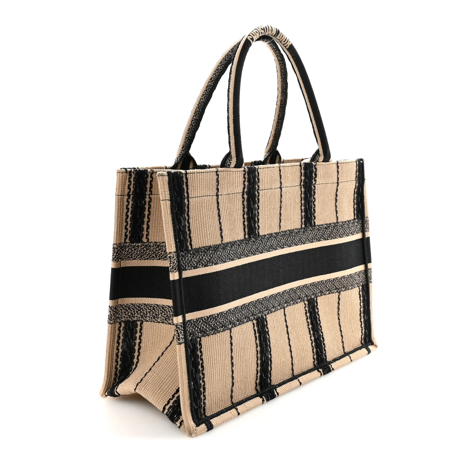 Canvas Embroidered Medium Bayadere Book Tote Black Beige - Top Club