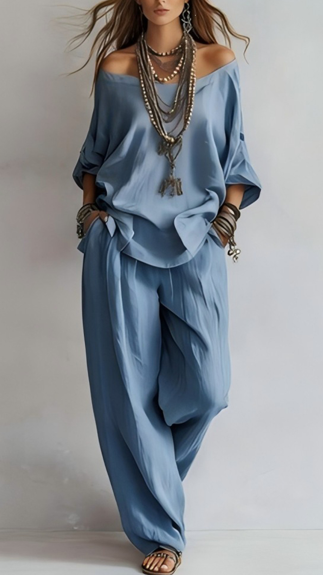 Women's Cotton-Blend Haze Blue Off-Shoulder Loose Set - Nordfashionstorm - Women's Clothing, Fashion for You - Nordfashionstorm.com