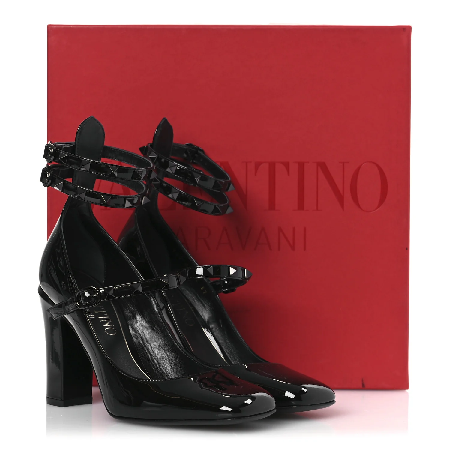 Patent Monochrome Rockstud Tan-Go Ankle Strap Pumps 37 Black - Top Club