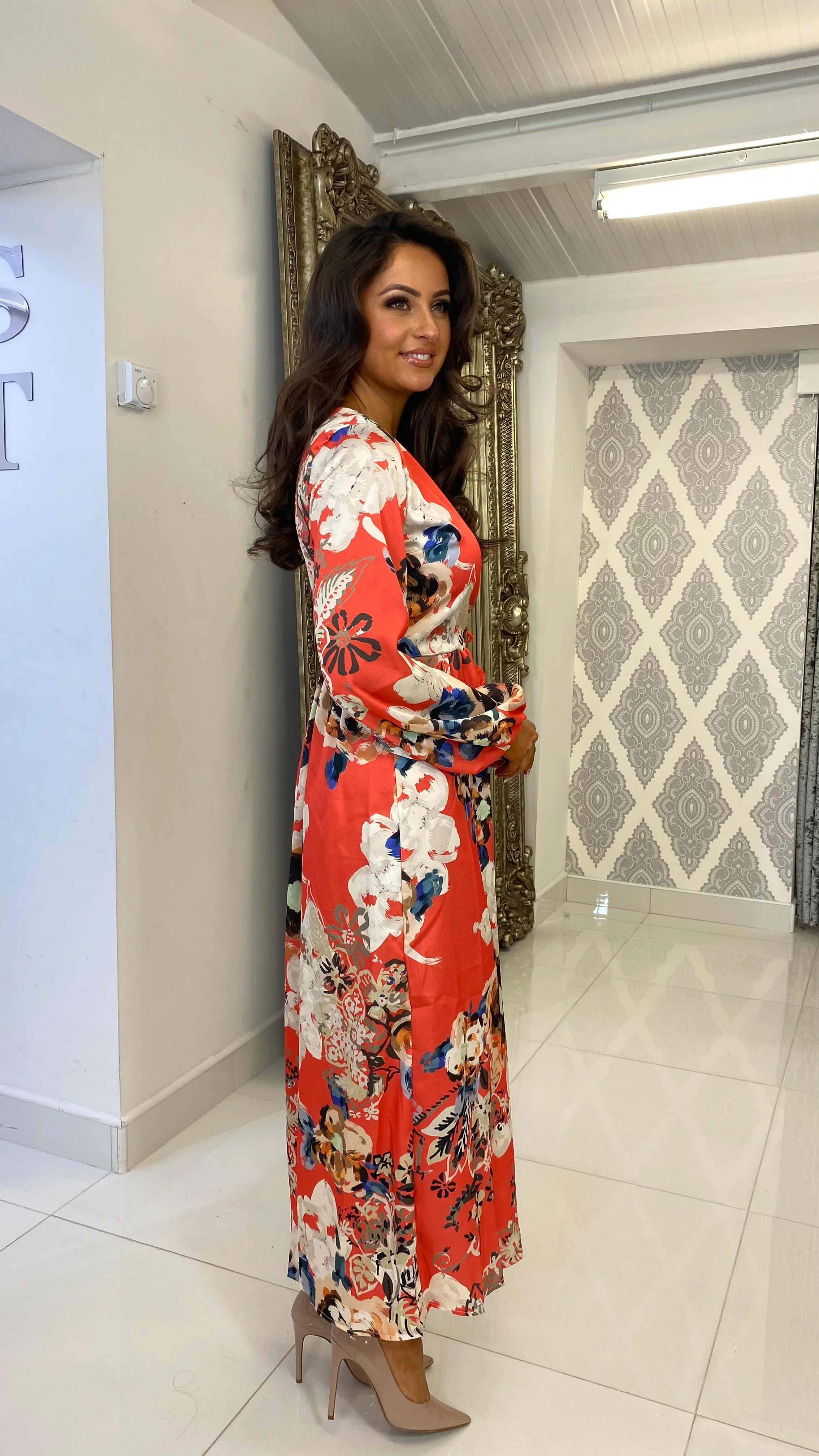 Coral Satin Floral Wrap Dress