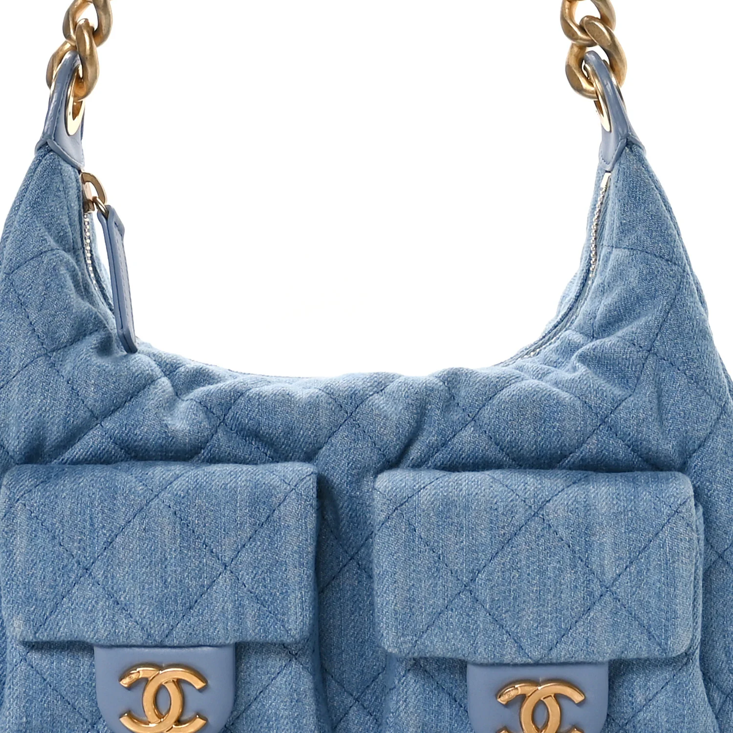 Washed Denim Quilted Cargo Large Hobo Light Blue - Top Club