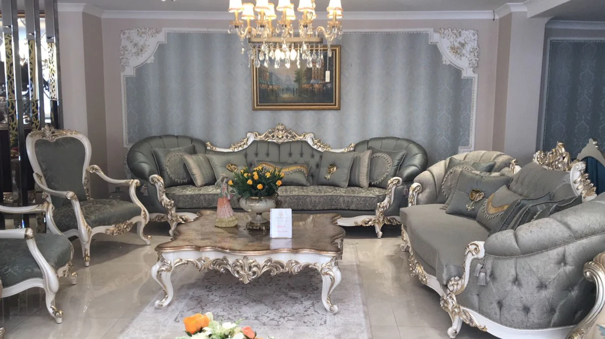 Luxury Baroque Sofa Green / White / Gold - Magnificent Living Room Sofa - Handcrafted Baroque Living Room Furniture - Noble & Magnificent