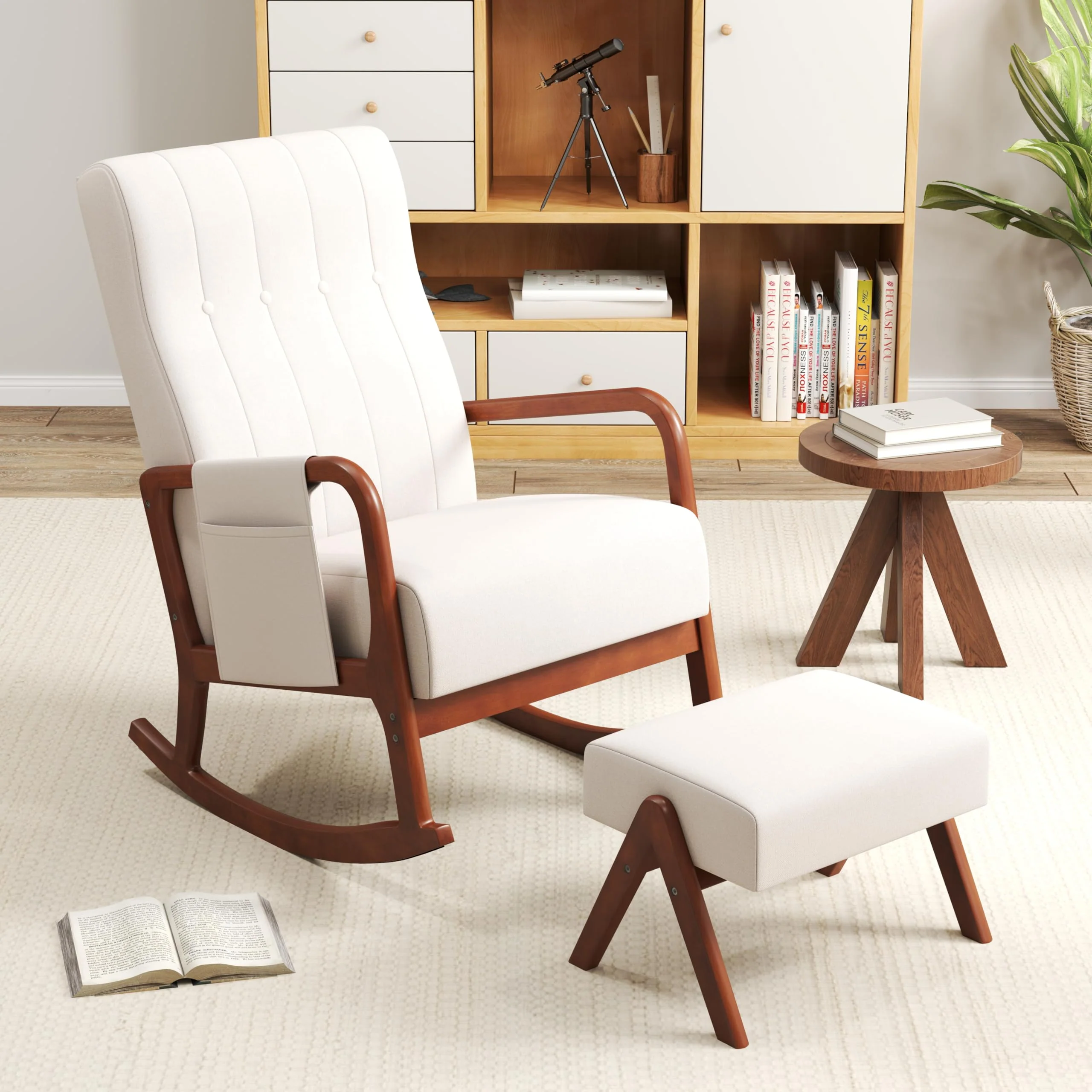 BEFOUNDLOVELY Nursery Rocking Chair with Ottoman, Upholstered Rocker Chair with Side Pocket