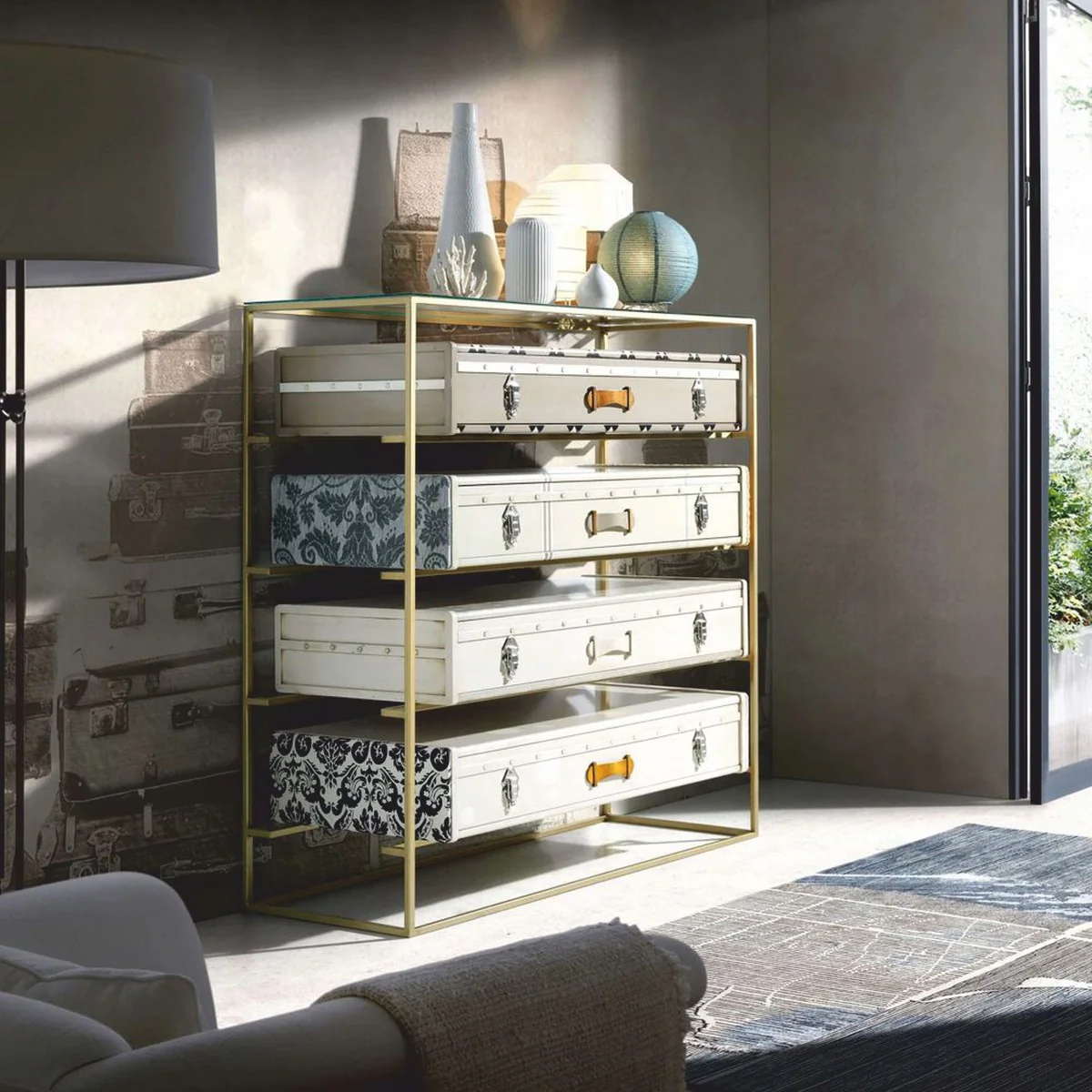 Luxury designer suitcase chest of drawers with 4 drawers colorful - luxury furniture